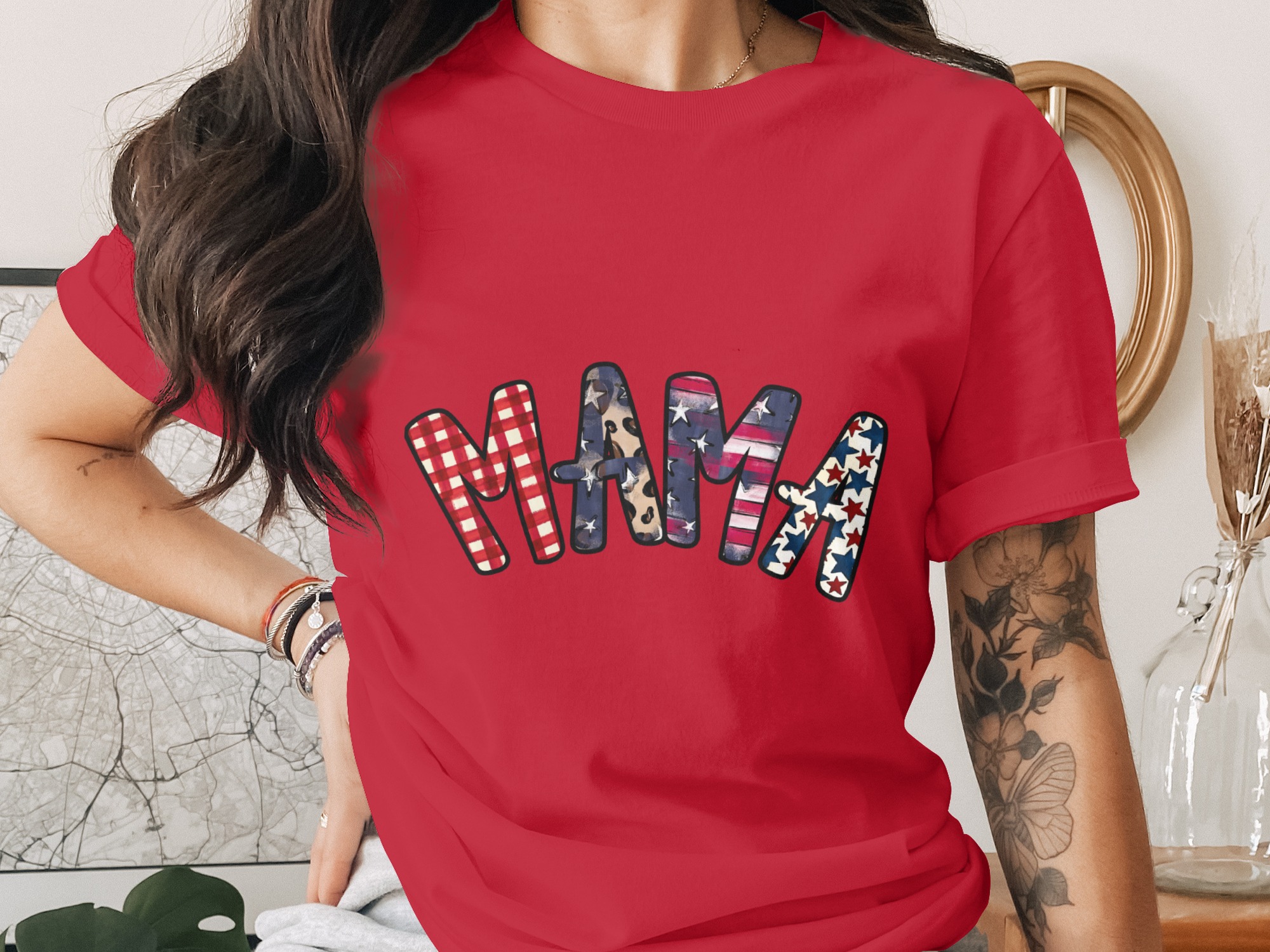 Patriotic Mama T-Shirt, Distressed American Flag Gingham Leopard Stars Graphic Tee, Mama Bear Gift, Fourth of July Outfit - Image 4