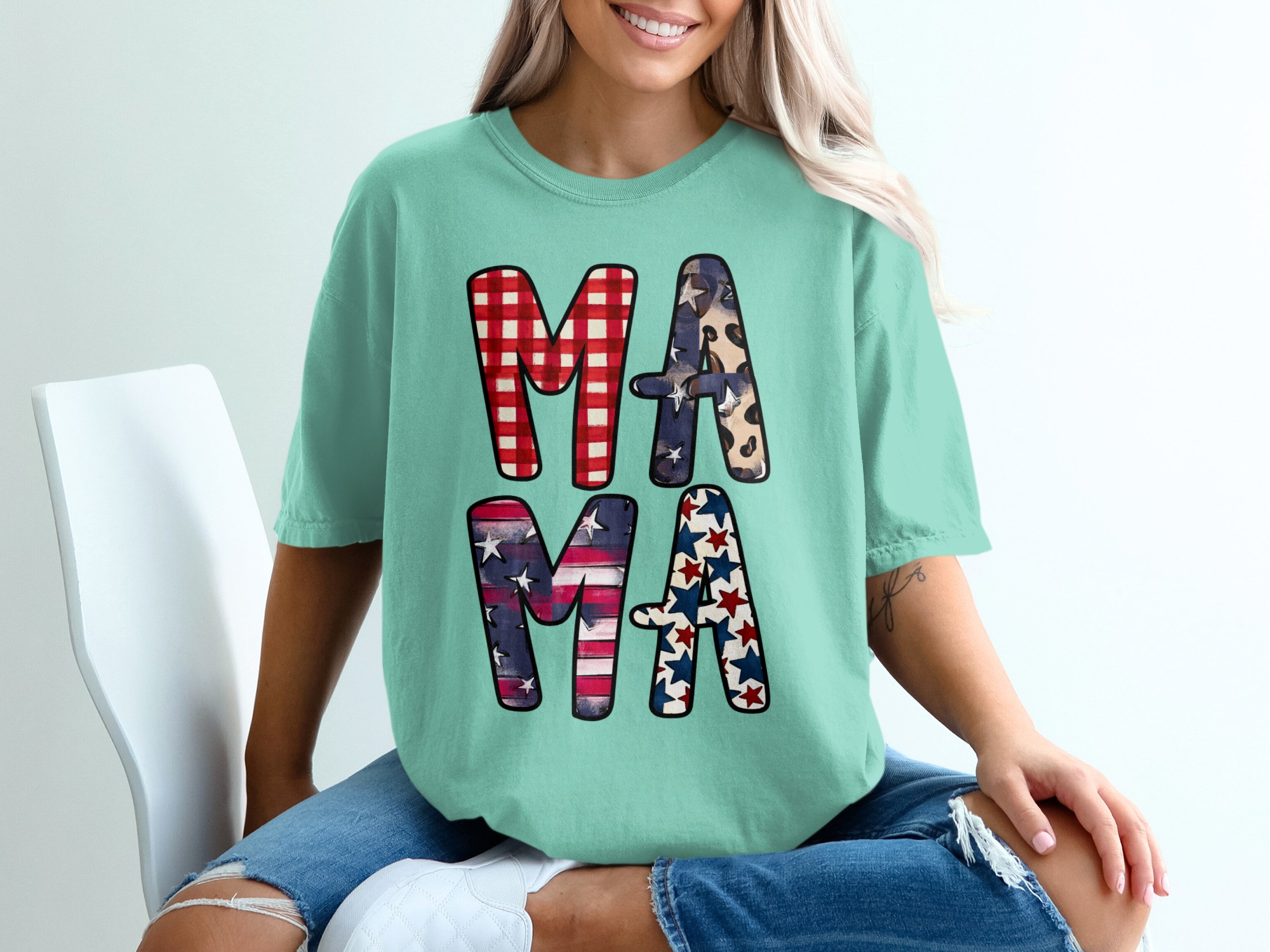 Patriotic Mama T-Shirt, Distressed Flag & Leopard Print Stars Tee, Buffalo Plaid Americana Mom Life Gift - Image 10