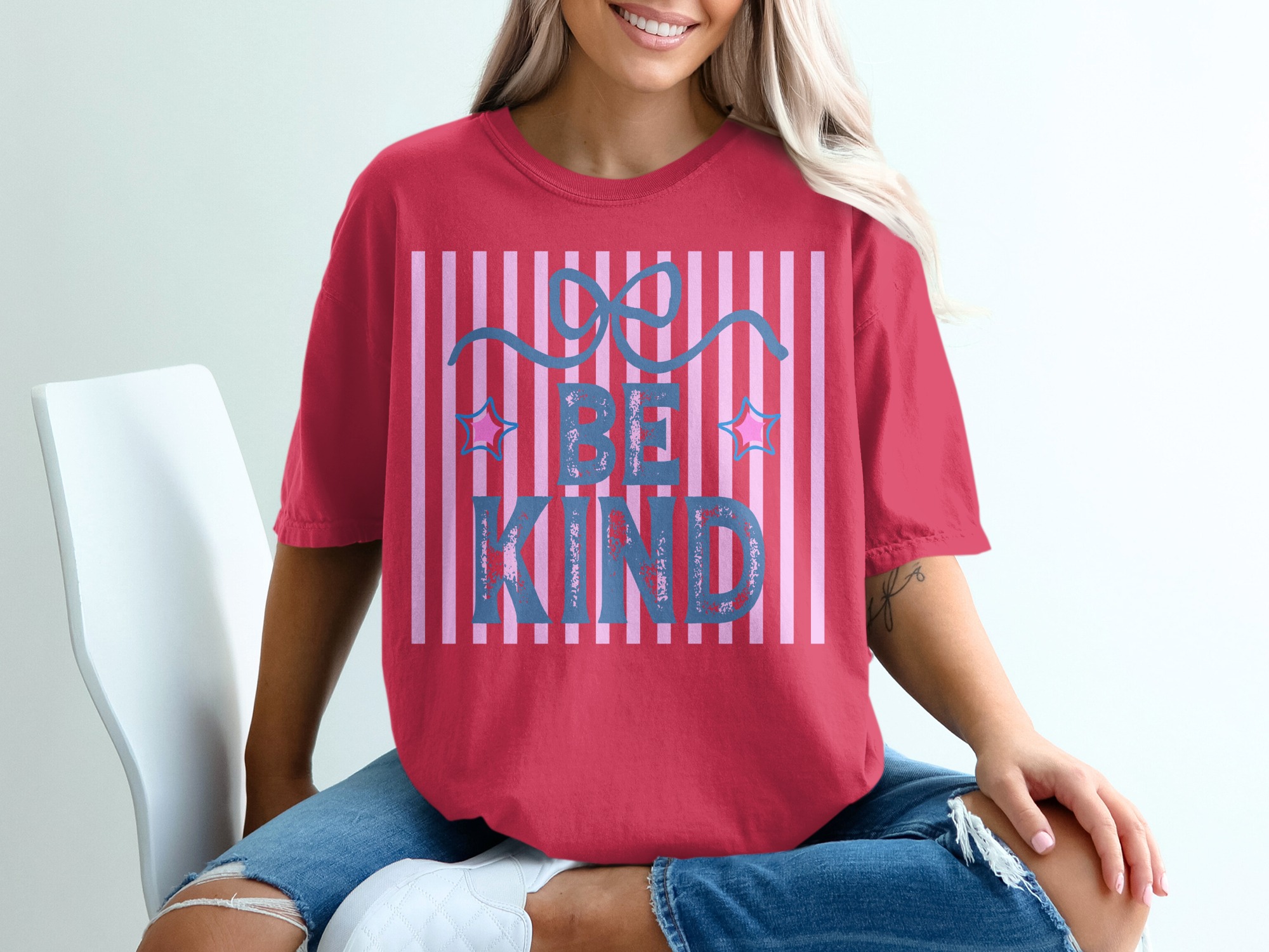 Be Kind T-Shirt, Distressed Kindness Shirt, Positive Message Aesthetic Tee, Pastel Stripes Graphic Top, Cute Encouragement Gift for Her - Image 14