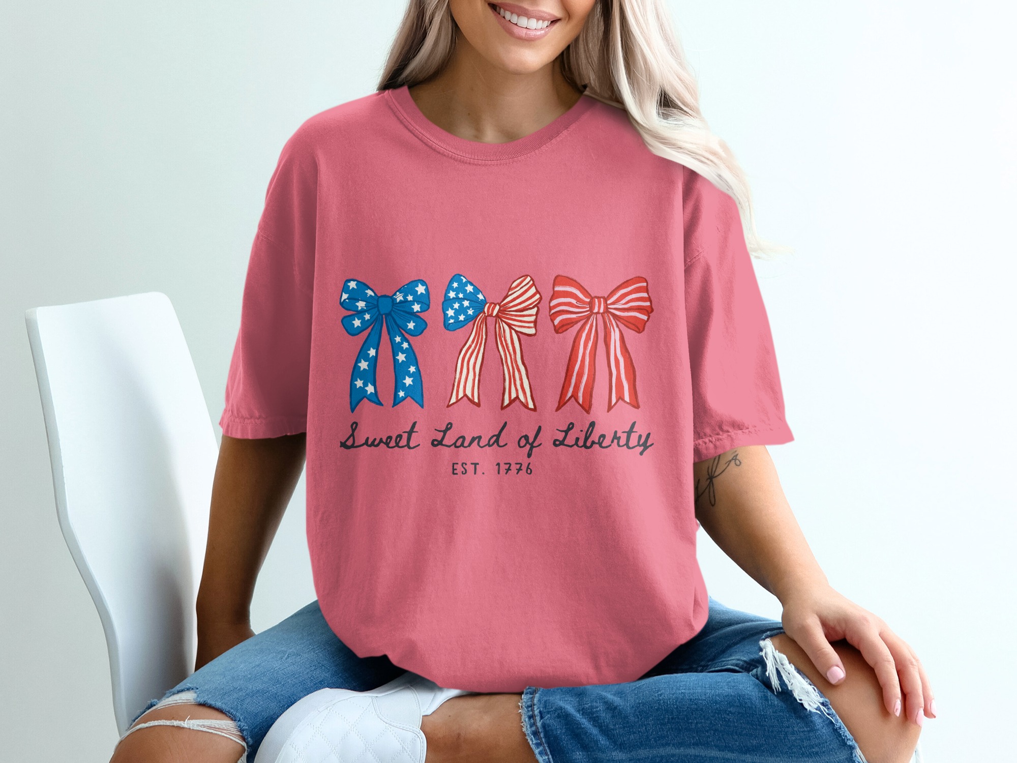 Patriotic Bows T-Shirt, Sweet Land of Liberty Shirt, 4th of July Tee, Distressed Americana Shirt, Vintage Style USA Top, Independence Day - Image 16