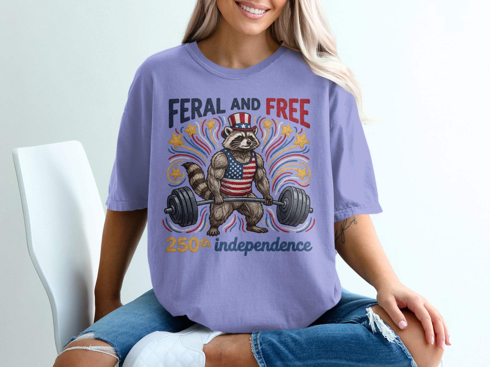 Feral and Free Raccoon T-Shirt, Patriotic Gym Raccoon Tee, 250th Independence Day Shirt, American Flag Weightlifting Shirt - Image 18