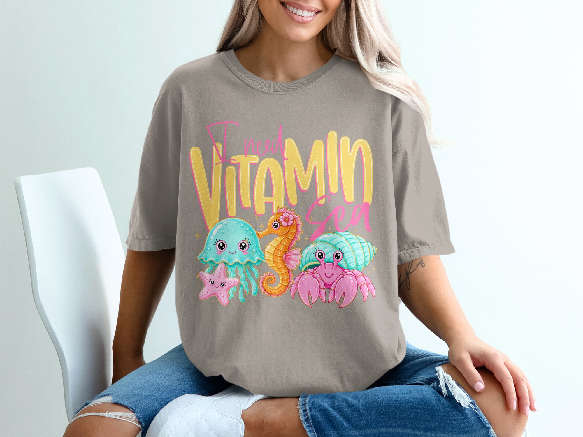 Vitamin Sea T-Shirt, Cute Ocean Lover Tee, Kawaii Beach Vacation Shirt, Faux Glitter Sea Creature Top, Summer Vibes Gift for Her - Image 11