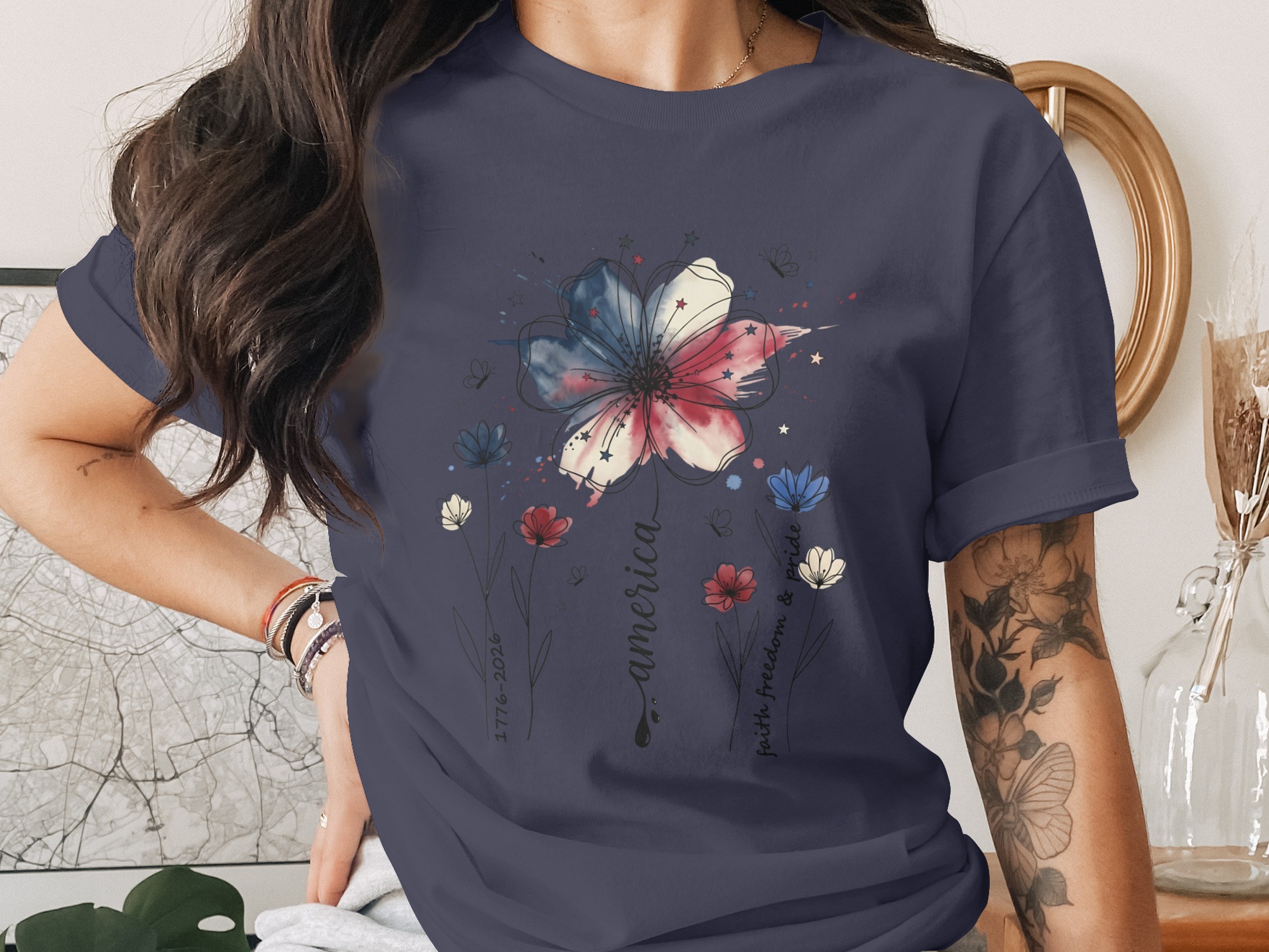 Patriotic Floral America Watercolor T-Shirt | Faith Freedom Pride Shirt | 4th of July Independence Day Tee | American Flag Flower - Image 3
