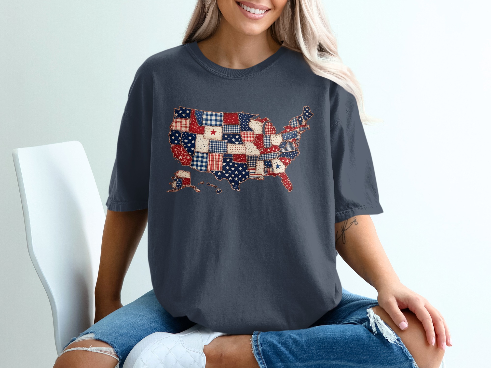 Patriotic USA Map T-Shirt, Americana Quilt Print Tee, Distressed American Flag Shirt, 4th of July Outfit, Veteran Gift Idea - Image 12