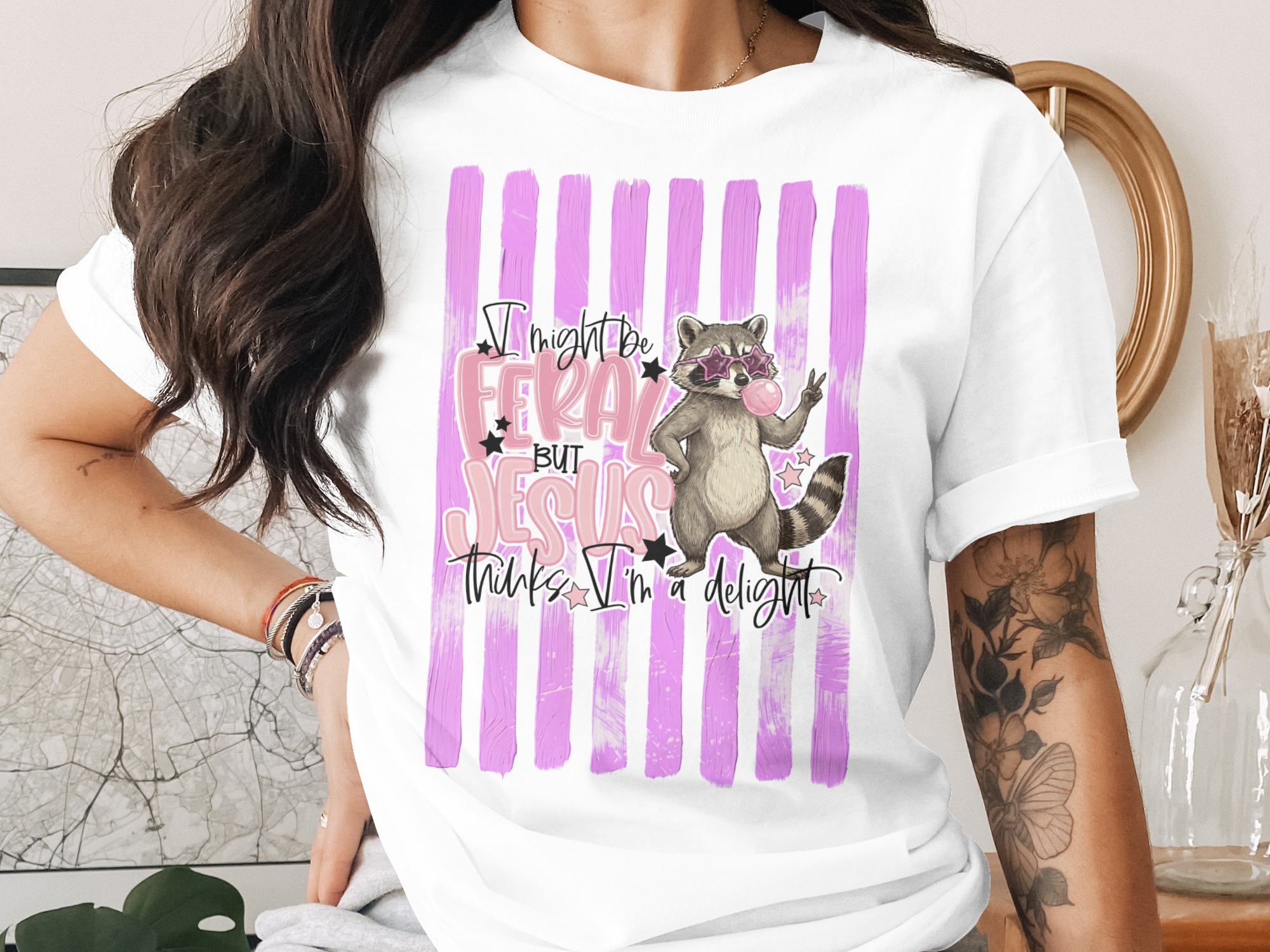 Comfort Colors® Feral Raccoon T-Shirt, Jesus Thinks I'm a Delight, Funny Christian Faith Tee, Sassy Quirky Animal Lover Gift for Her