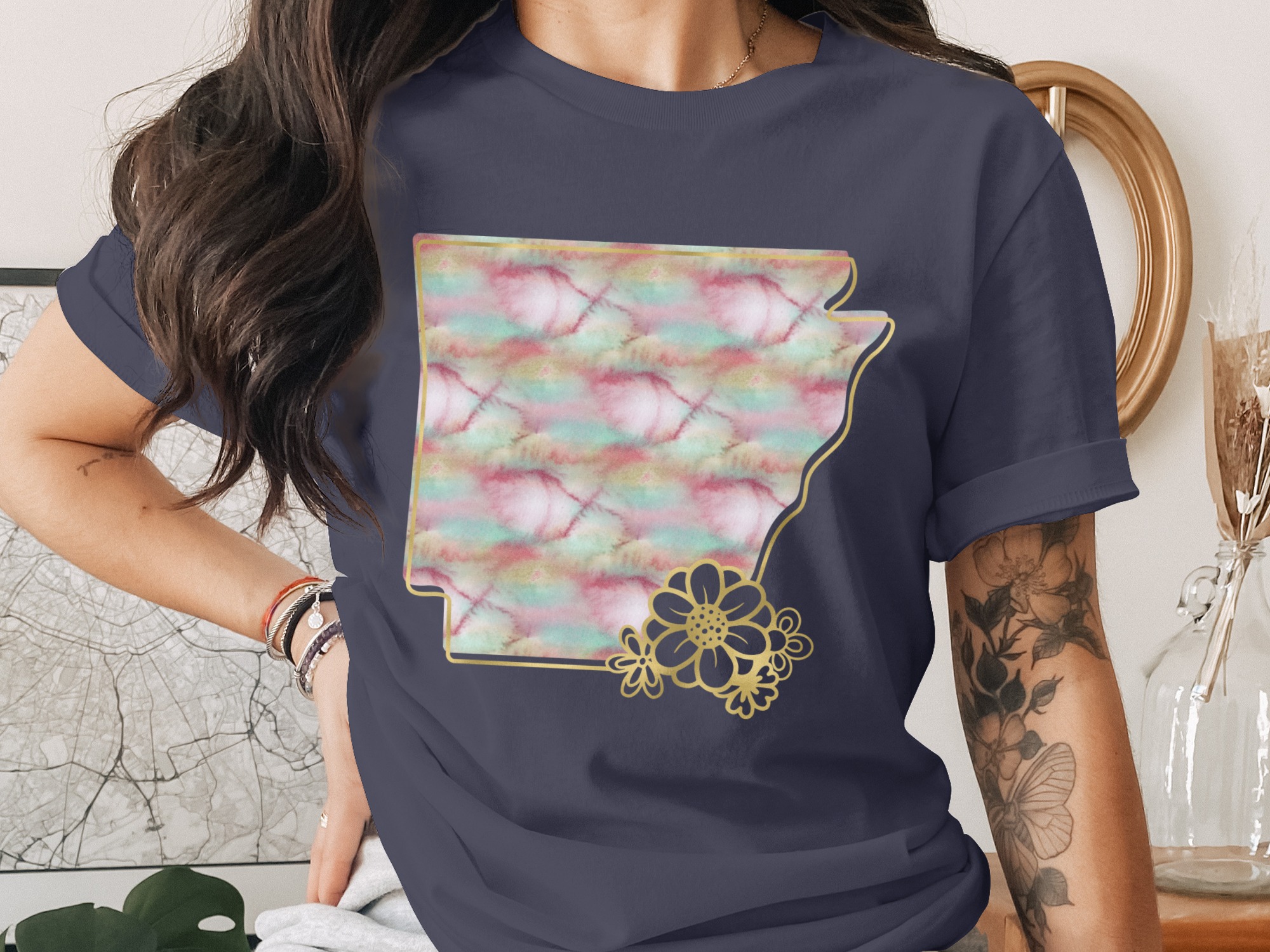 Arkansas Watercolor Flower T-Shirt, Faux Gold State Outline Tee, Boho Chic Floral Arkansas Gift for Her, Aesthetic Pink Teal Gold Top - Image 3