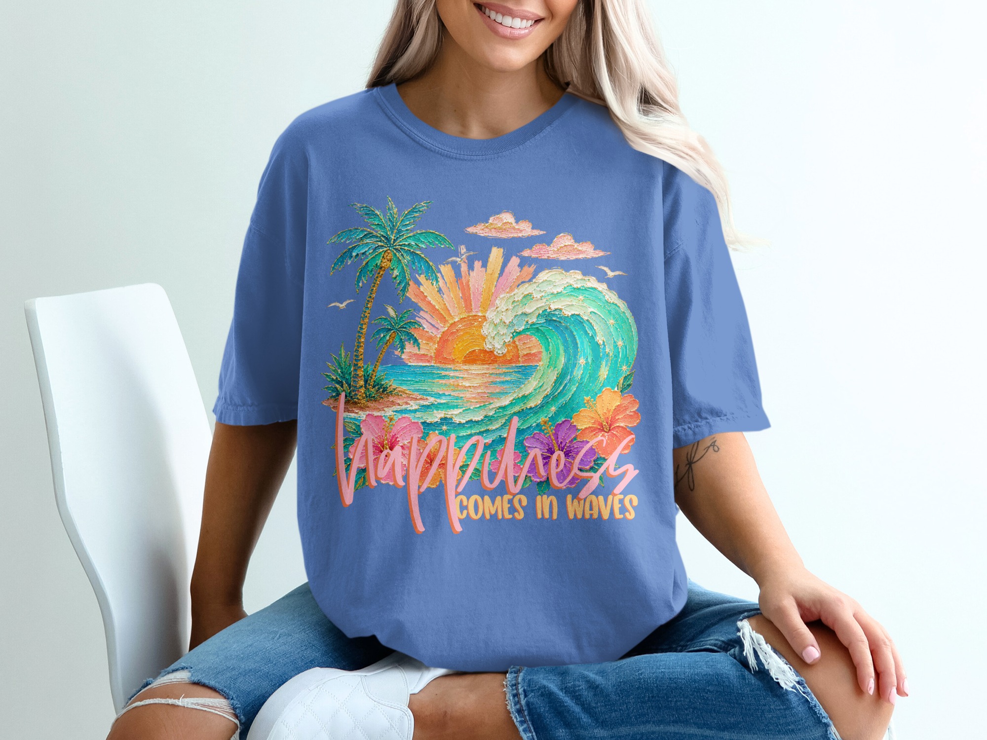 Happiness Comes in Waves T-Shirt, Tropical Beach Vacation Tee, Faux Glitter Print Ocean Wave Design, Palm Tree Sunset, Coastal Boho Summer - Image 20