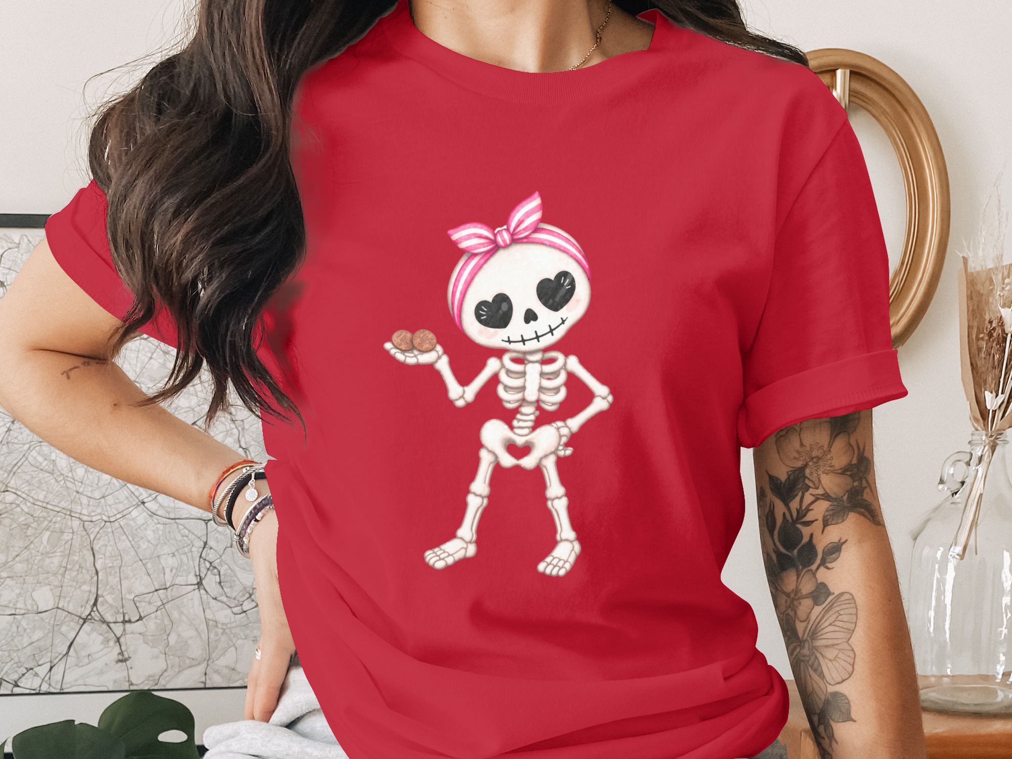 Cute Skeleton T-Shirt, Kawaii Pink Bow Skeleton Tee, Spooky Season Shirt, Halloween Gift, Heart Eyes Skeleton Top for Women - Image 2
