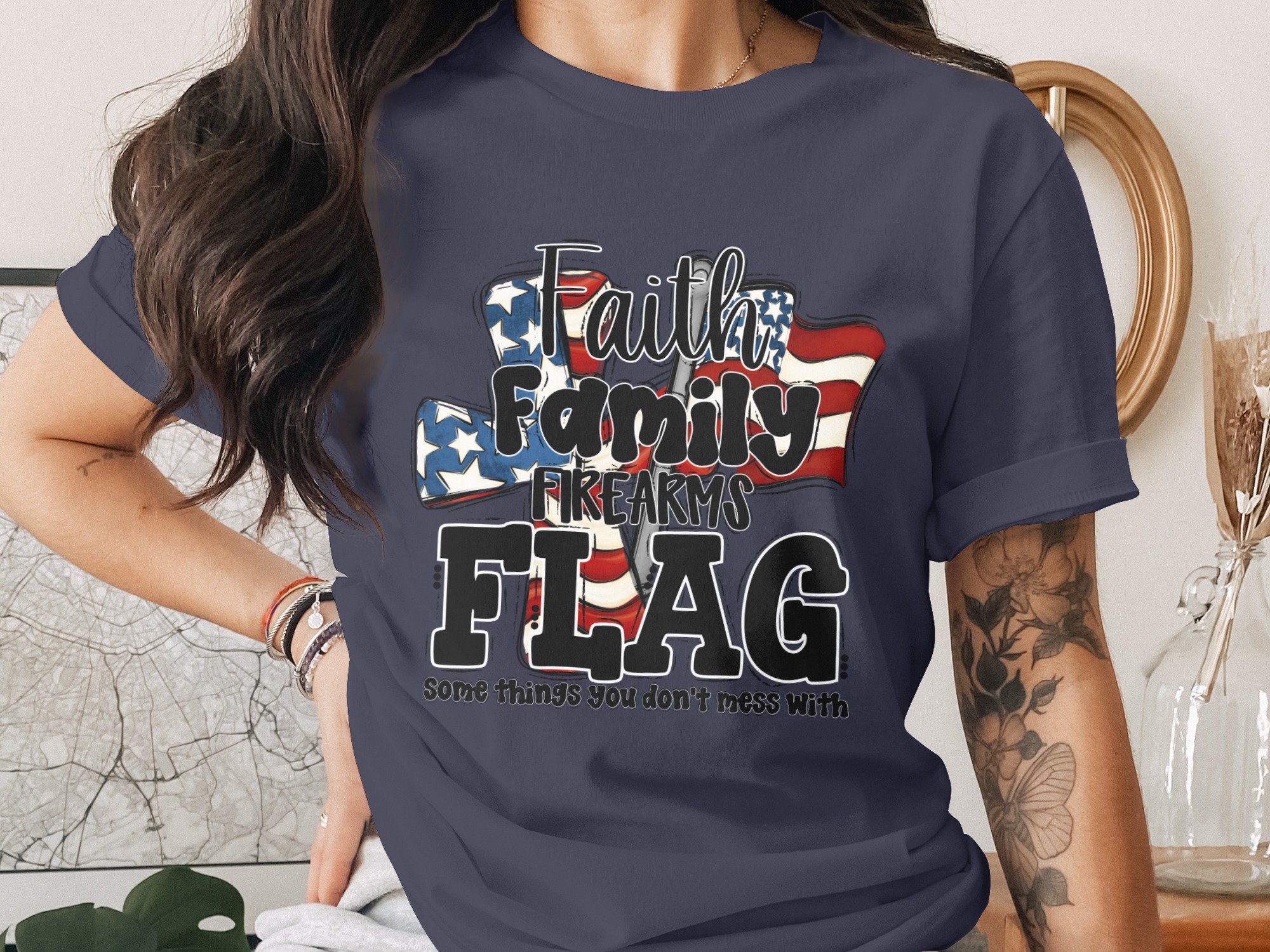 Faith Family Firearms Flag T-Shirt, Patriotic American Conservative Tee, Second Amendment Gift for Him Her, Freedom Lover Apparel - Image 3