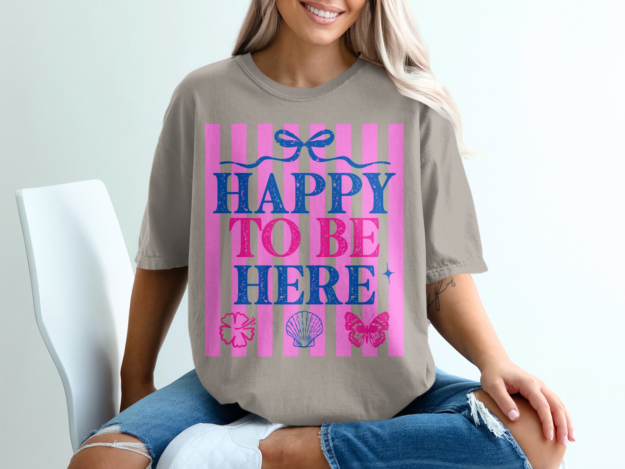 Happy To Be Here T-shirt | Barbiecore Aesthetic Tee | Pink & Blue Summer Vacation Shirt | Positive Vibes Travel Tee Gift for Her - Image 11