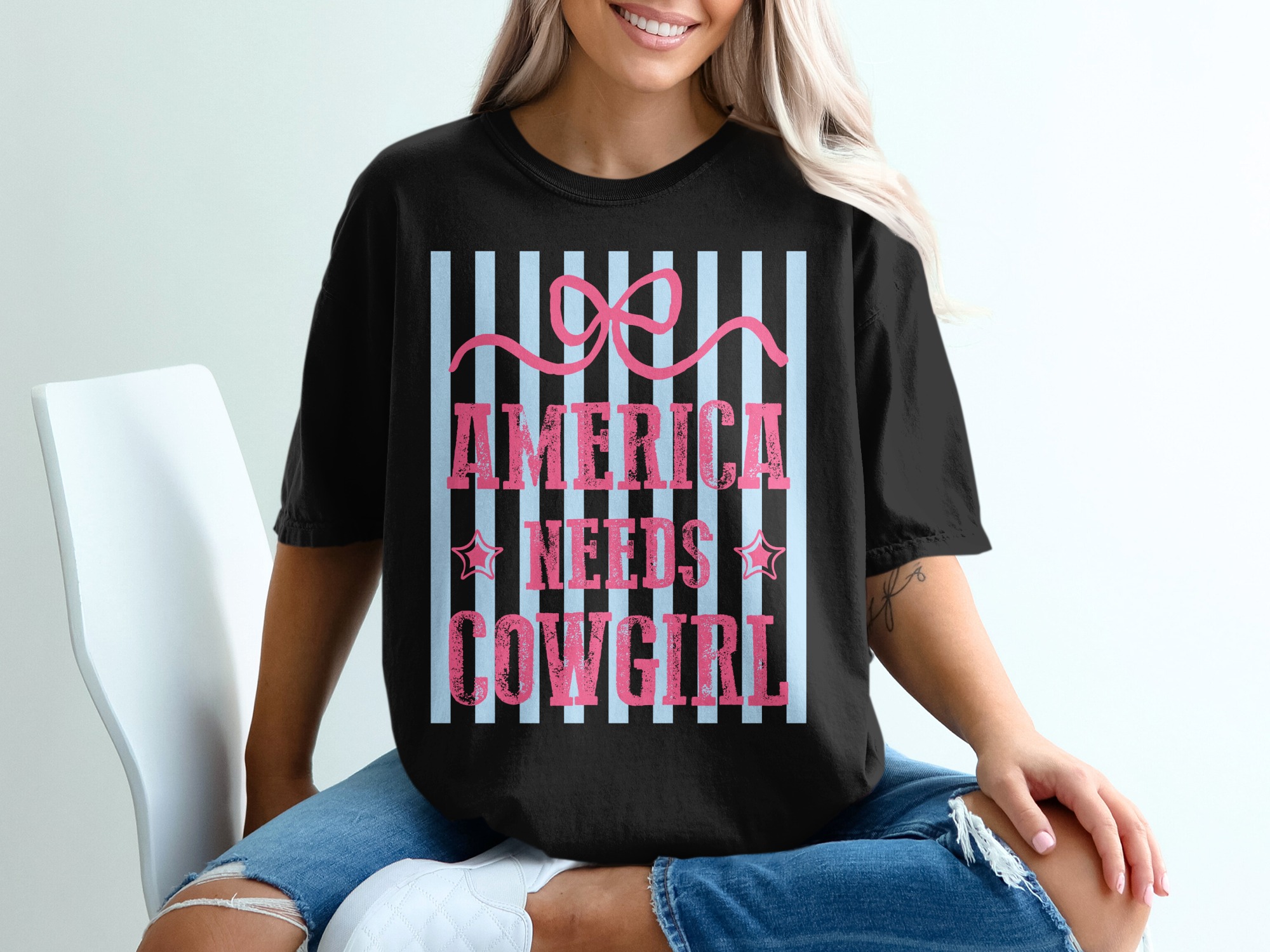 America Needs Cowgirl T-Shirt, Patriotic Western Graphic Tee, Distressed Pink Bow Shirt, Girly Americana Rodeo Top, Gift For Her - Image 5