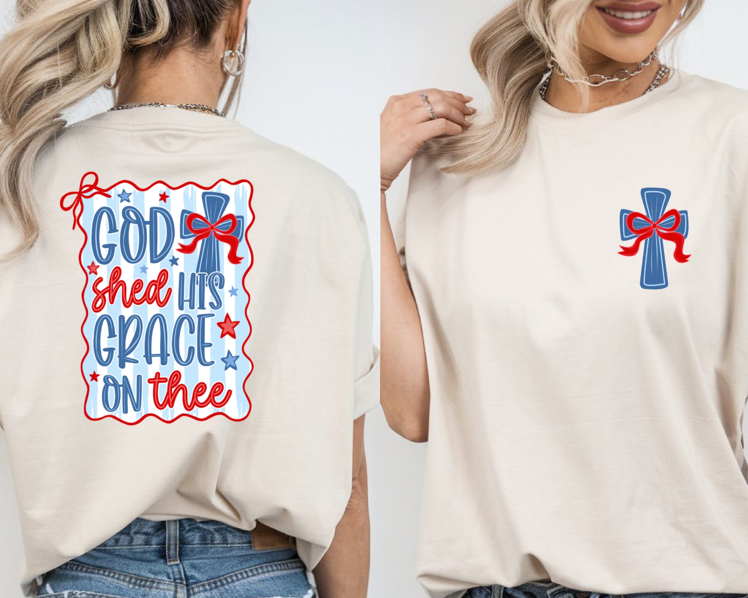 Patriotic Christian T-Shirt, God Shed His Grace Tee, Comfort Colors 1717® Front Back Design, Americana Faith Shirt, USA Cross Tee, Religious - Image 2