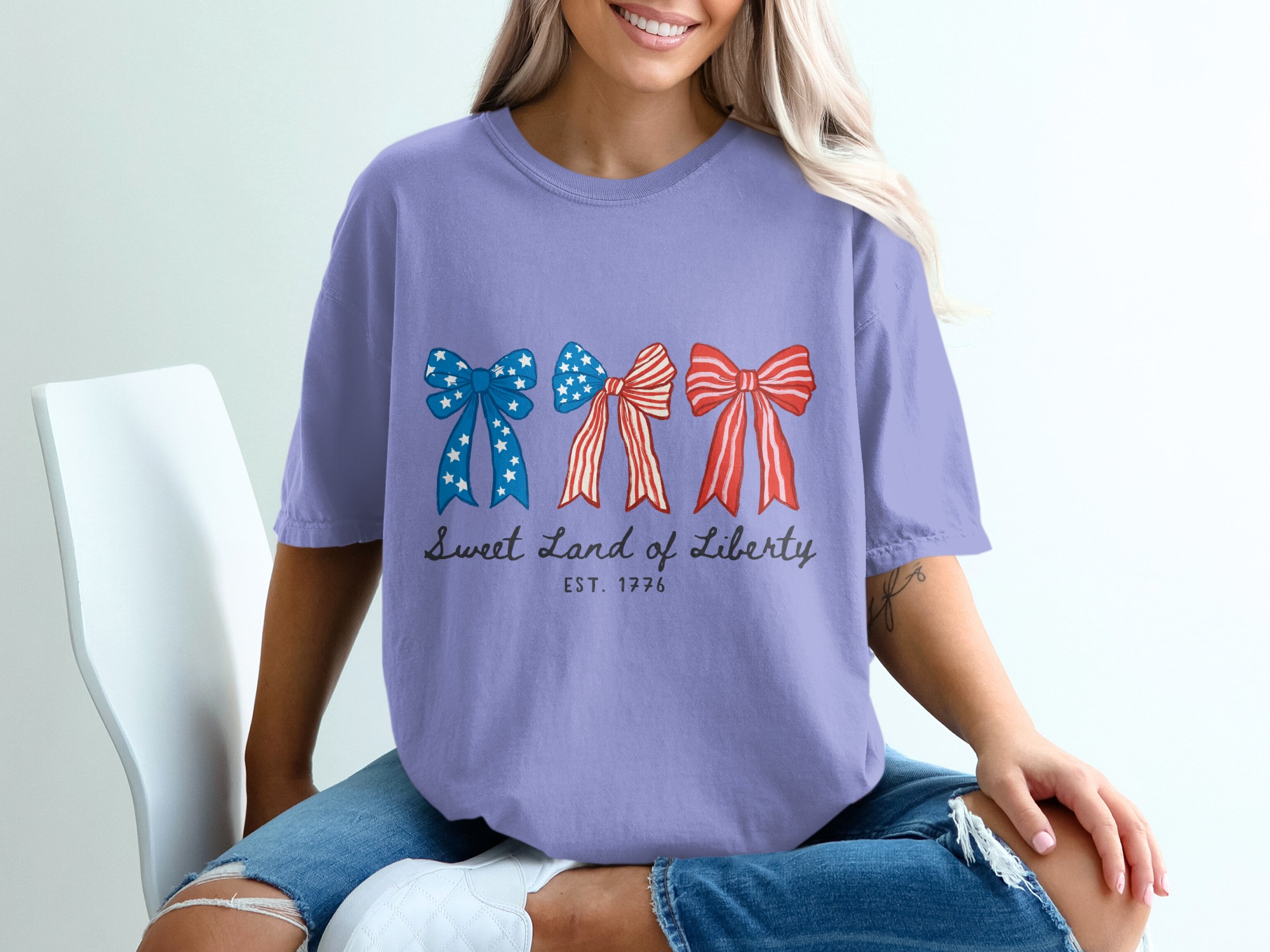 Patriotic Bows T-Shirt, Sweet Land of Liberty Shirt, 4th of July Tee, Distressed Americana Shirt, Vintage Style USA Top, Independence Day - Image 18
