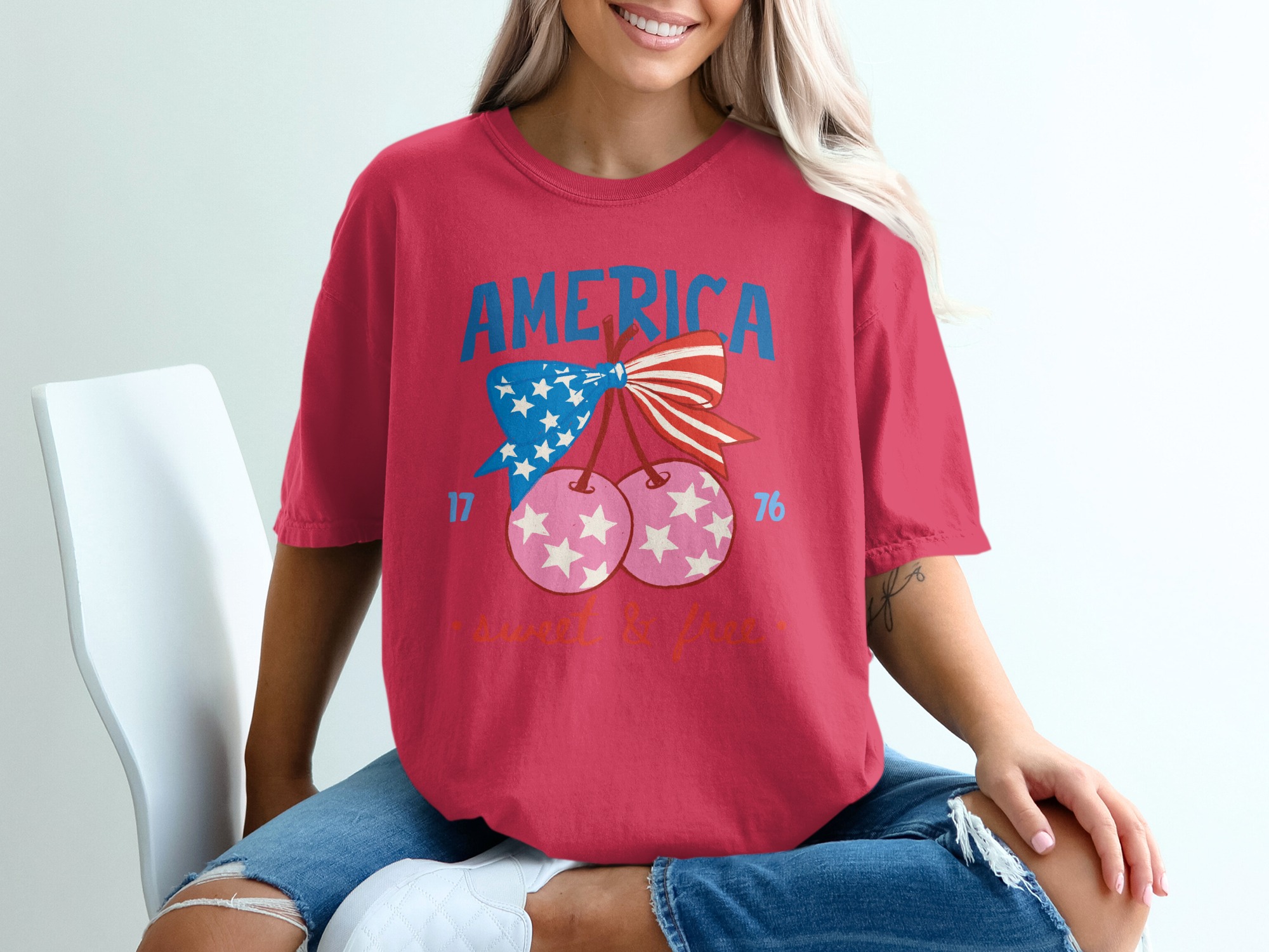 America Sweet & Free T-Shirt, Patriotic Cherry Bow Tee, Fourth of July Vintage Style Shirt, USA Flag Summer Graphic Tee Gift for Her - Image 14