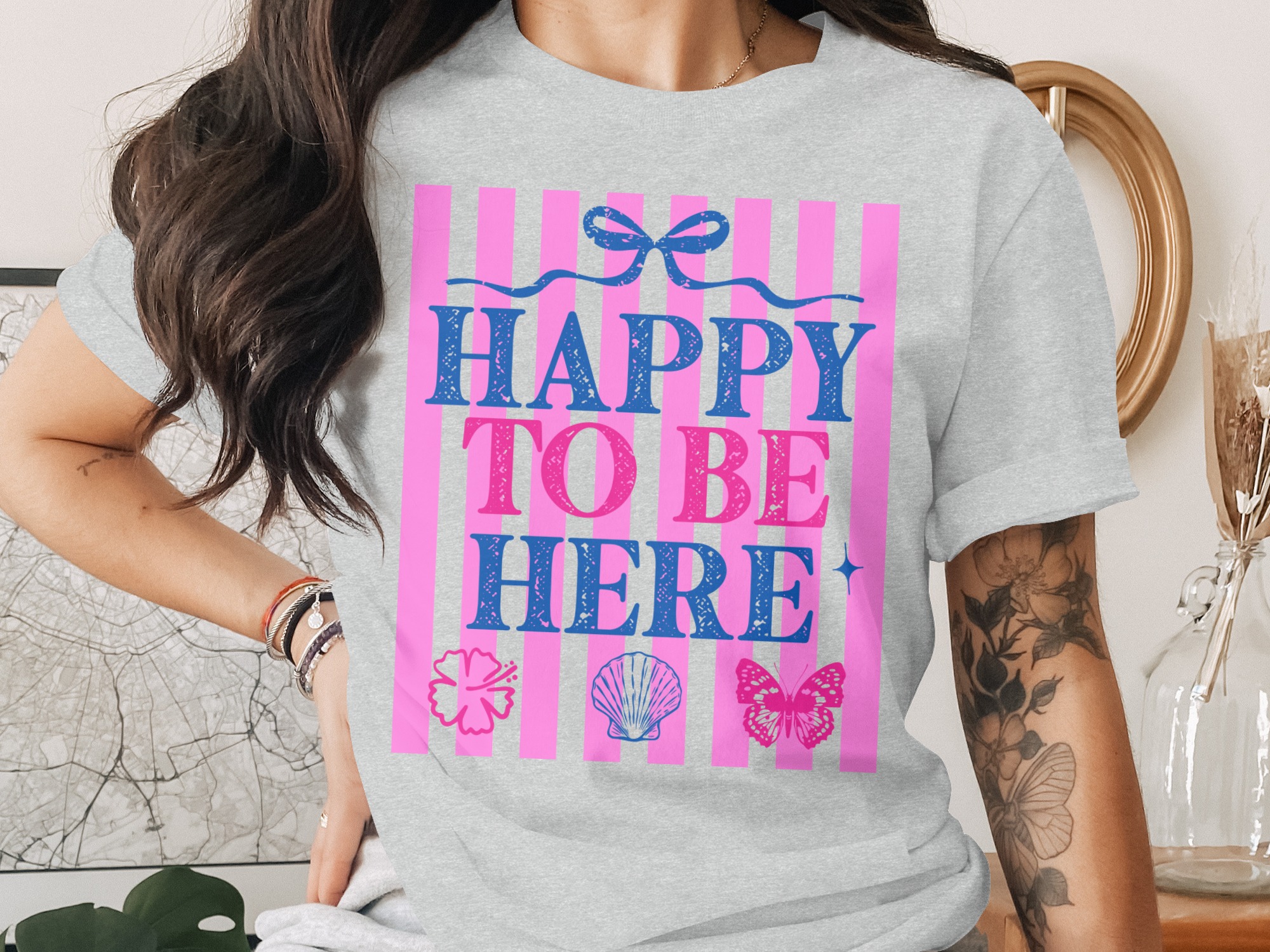 Happy To Be Here T-shirt | Barbiecore Aesthetic Tee | Pink & Blue Summer Vacation Shirt | Positive Vibes Travel Tee Gift for Her - Image 2
