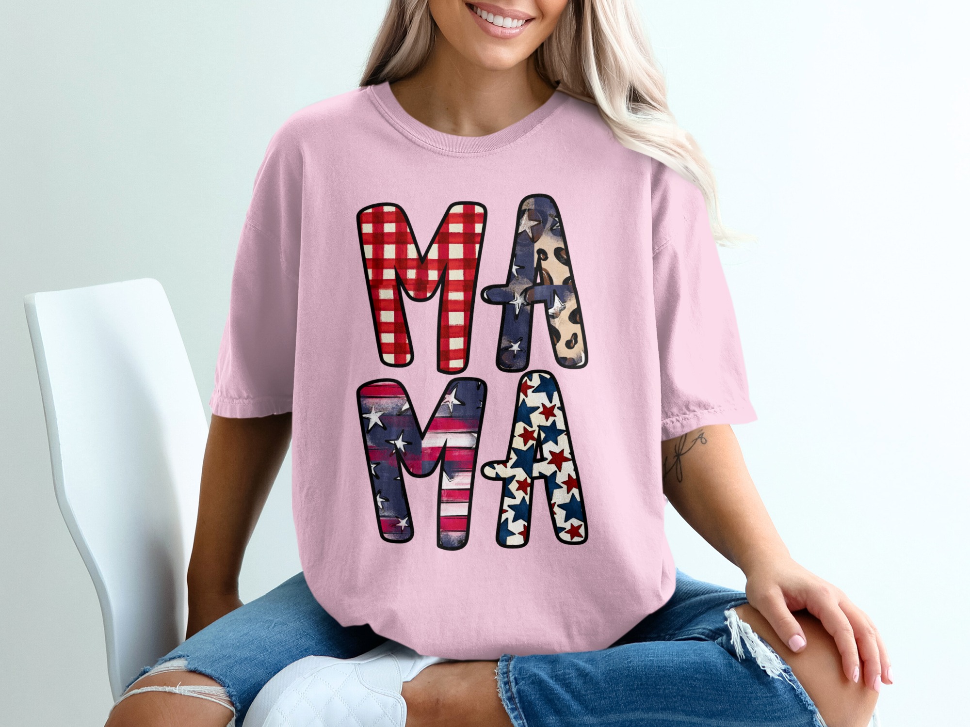 Patriotic Mama T-Shirt, Distressed Flag & Leopard Print Stars Tee, Buffalo Plaid Americana Mom Life Gift - Image 17