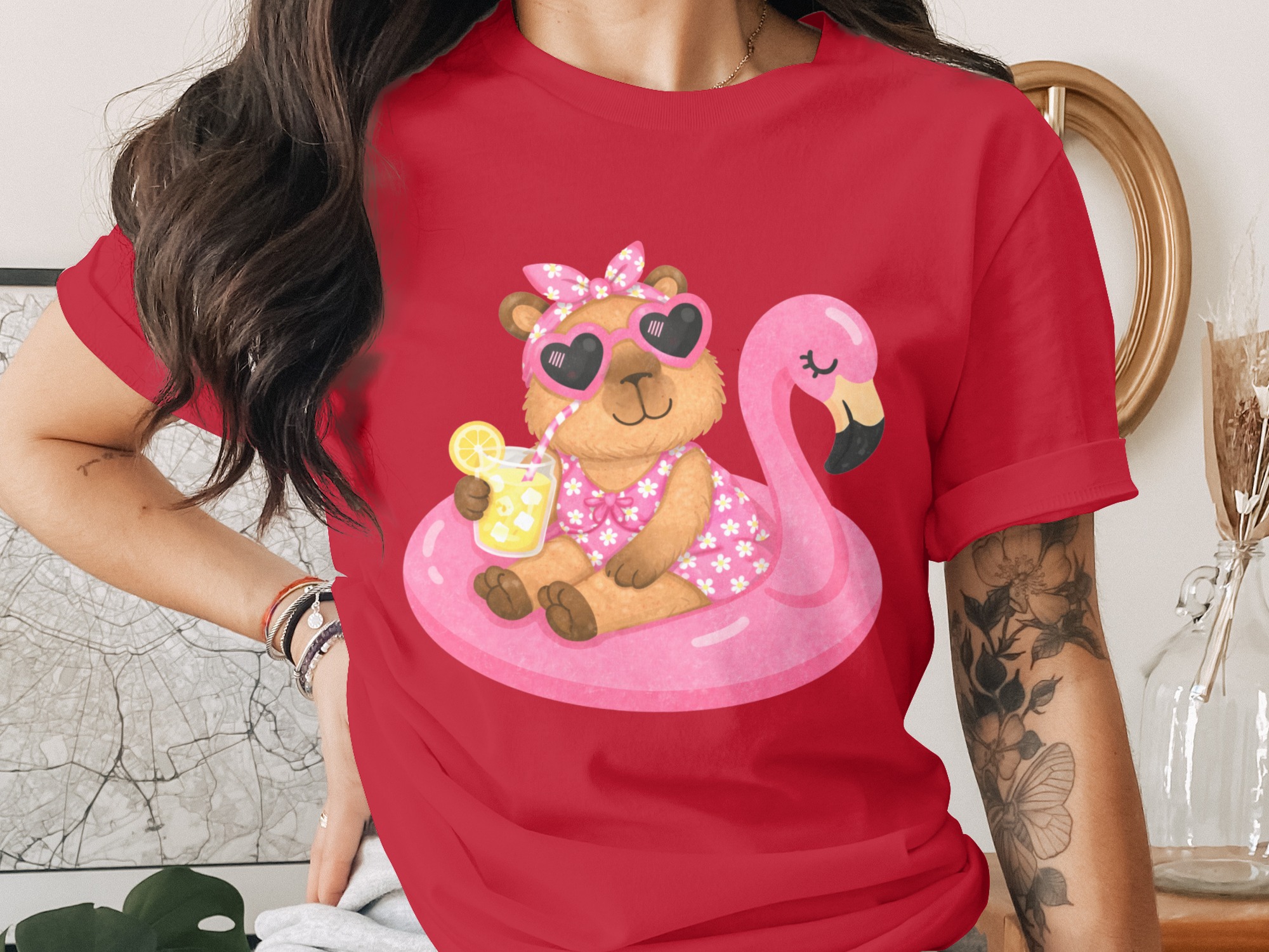 Relaxing Capybara Flamingo Float Summer T-Shirt - Image 2