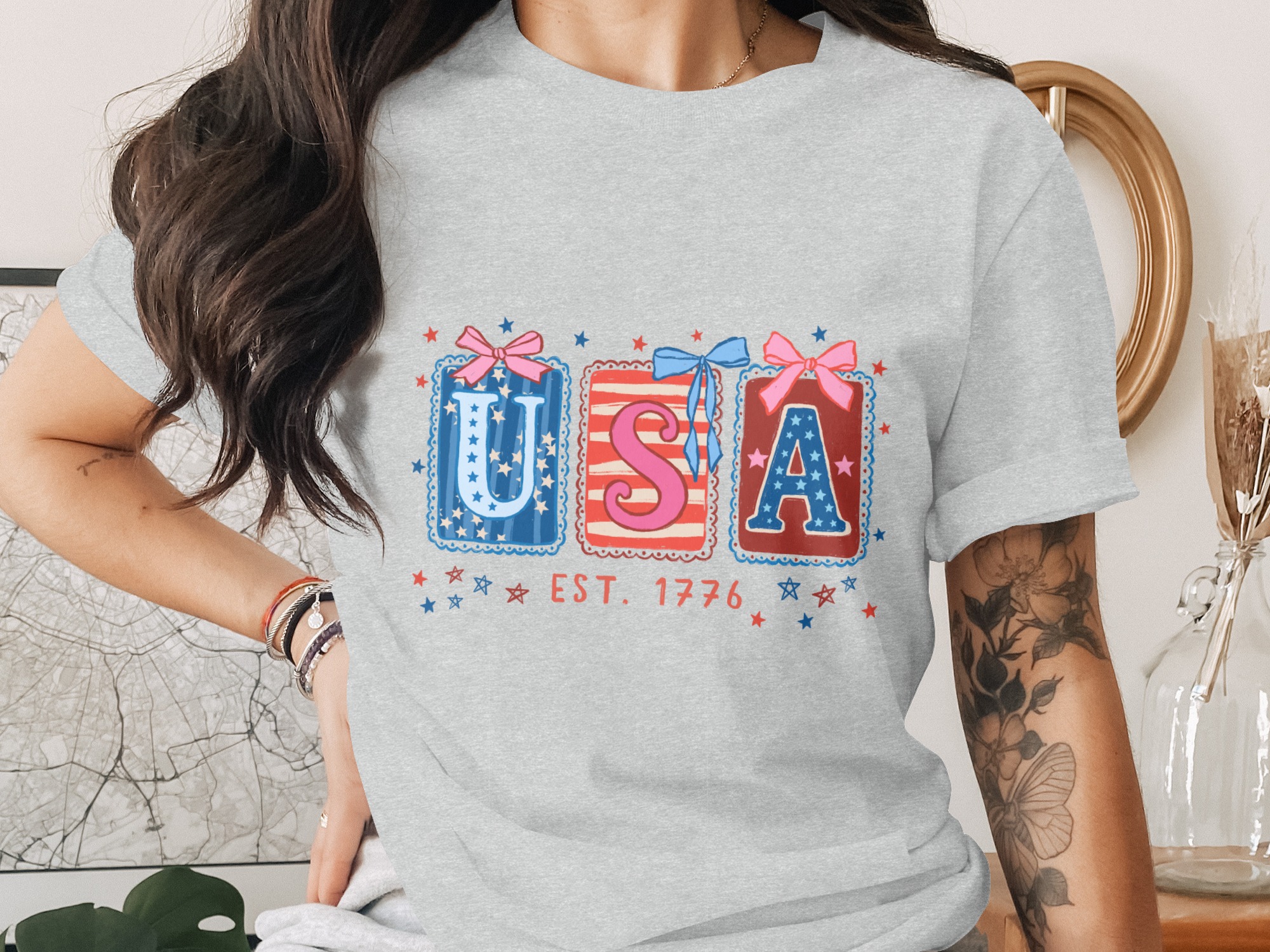 Patriotic USA Est 1776 T-Shirt, Whimsical Americana Tee, Fourth of July Top, Vintage Independence Day Shirt for Her, Cute Stars & Stripes - Image 2