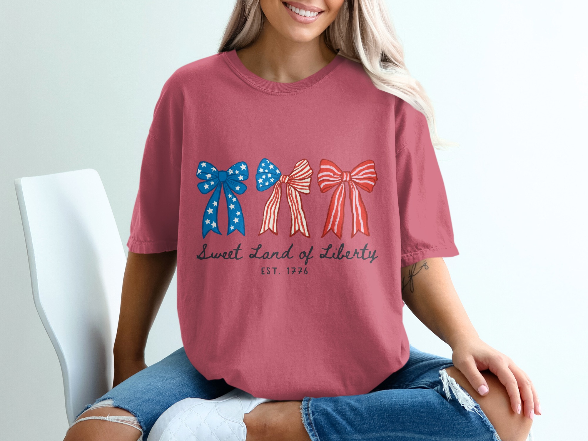 Patriotic Bows T-Shirt, Sweet Land of Liberty Shirt, 4th of July Tee, Distressed Americana Shirt, Vintage Style USA Top, Independence Day - Image 15