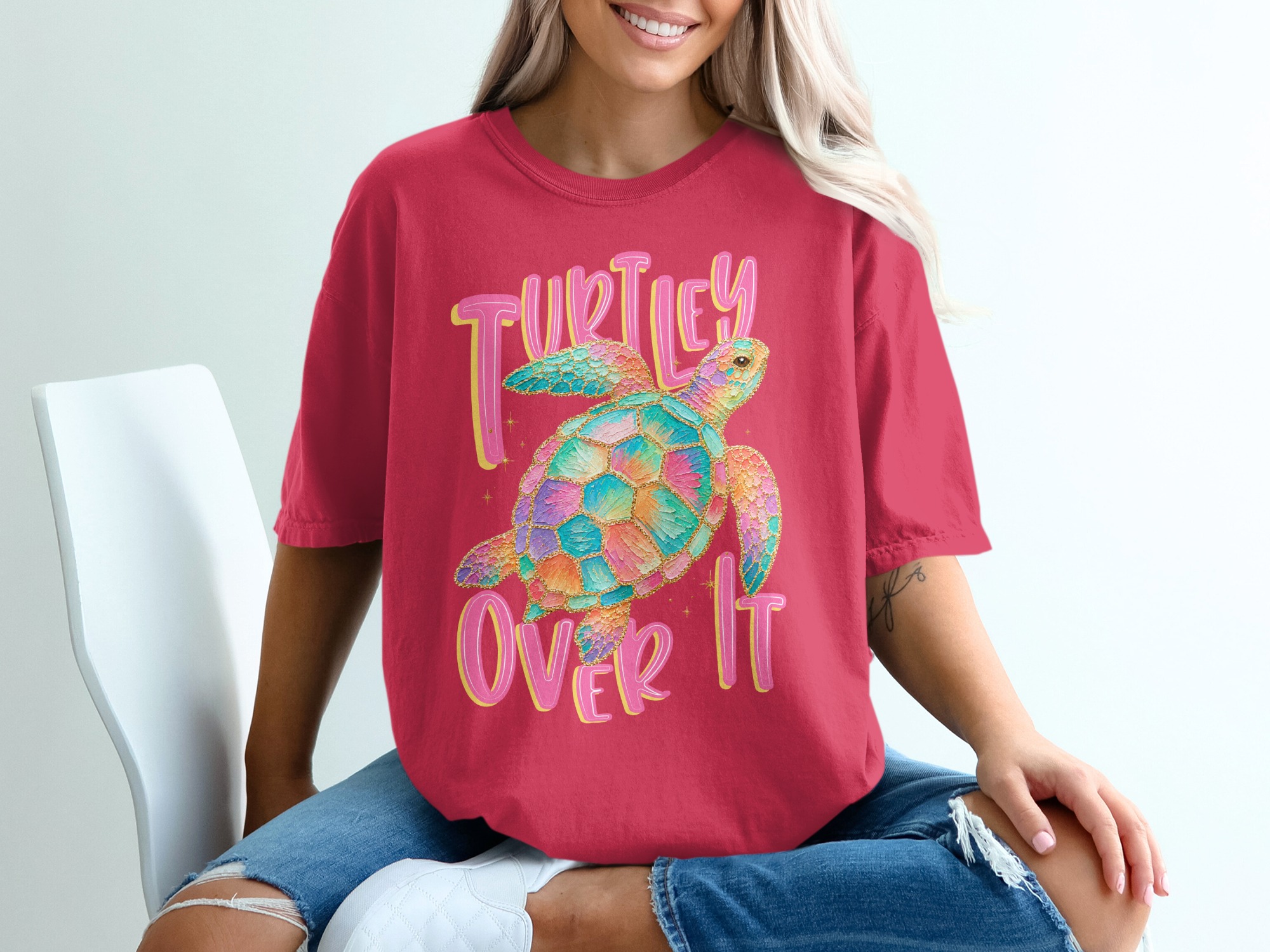 Turtley Over It T-Shirt, Faux Glitter Sea Turtle Tee, Sarcastic Beach Shirt, Colorful Ocean Lover Gift, Summer Vacation Top - Image 14