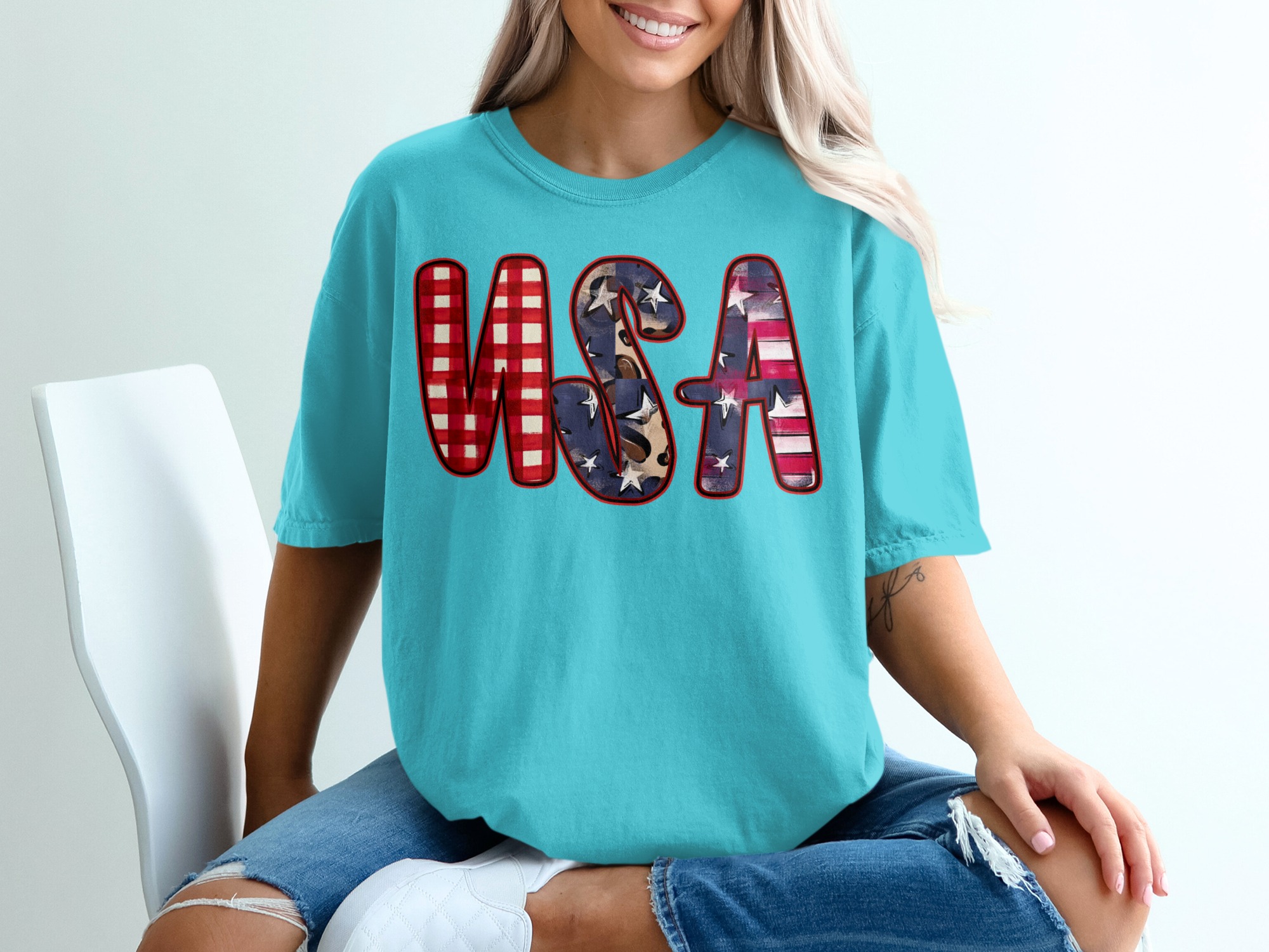 USA T-Shirt, Patriotic 4th of July Shirt, Distressed Buffalo Plaid Leopard Print America Tee, Memorial Day Gift for Her - Image 9