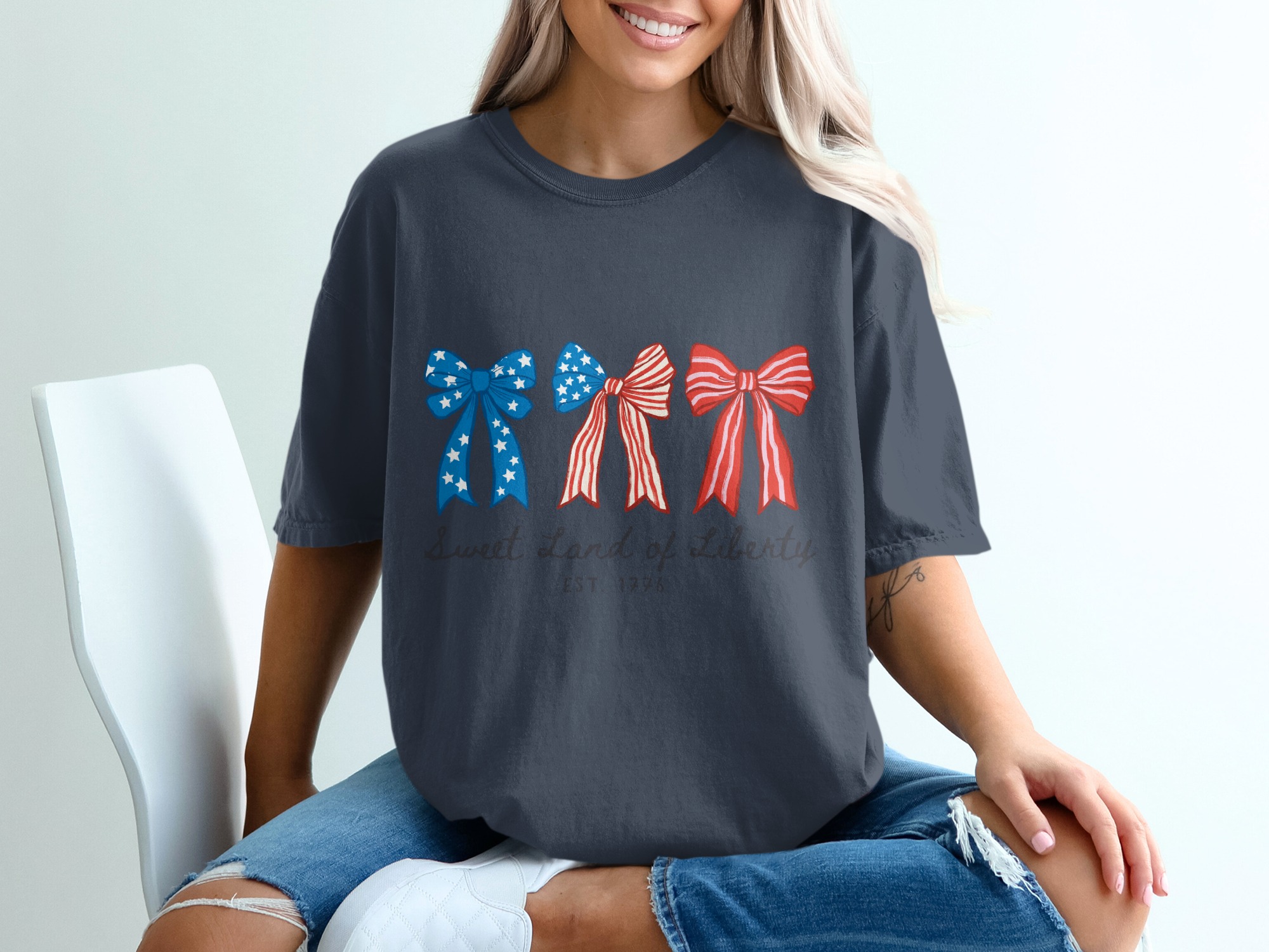 Patriotic Bows T-Shirt, Sweet Land of Liberty Shirt, 4th of July Tee, Distressed Americana Shirt, Vintage Style USA Top, Independence Day - Image 12