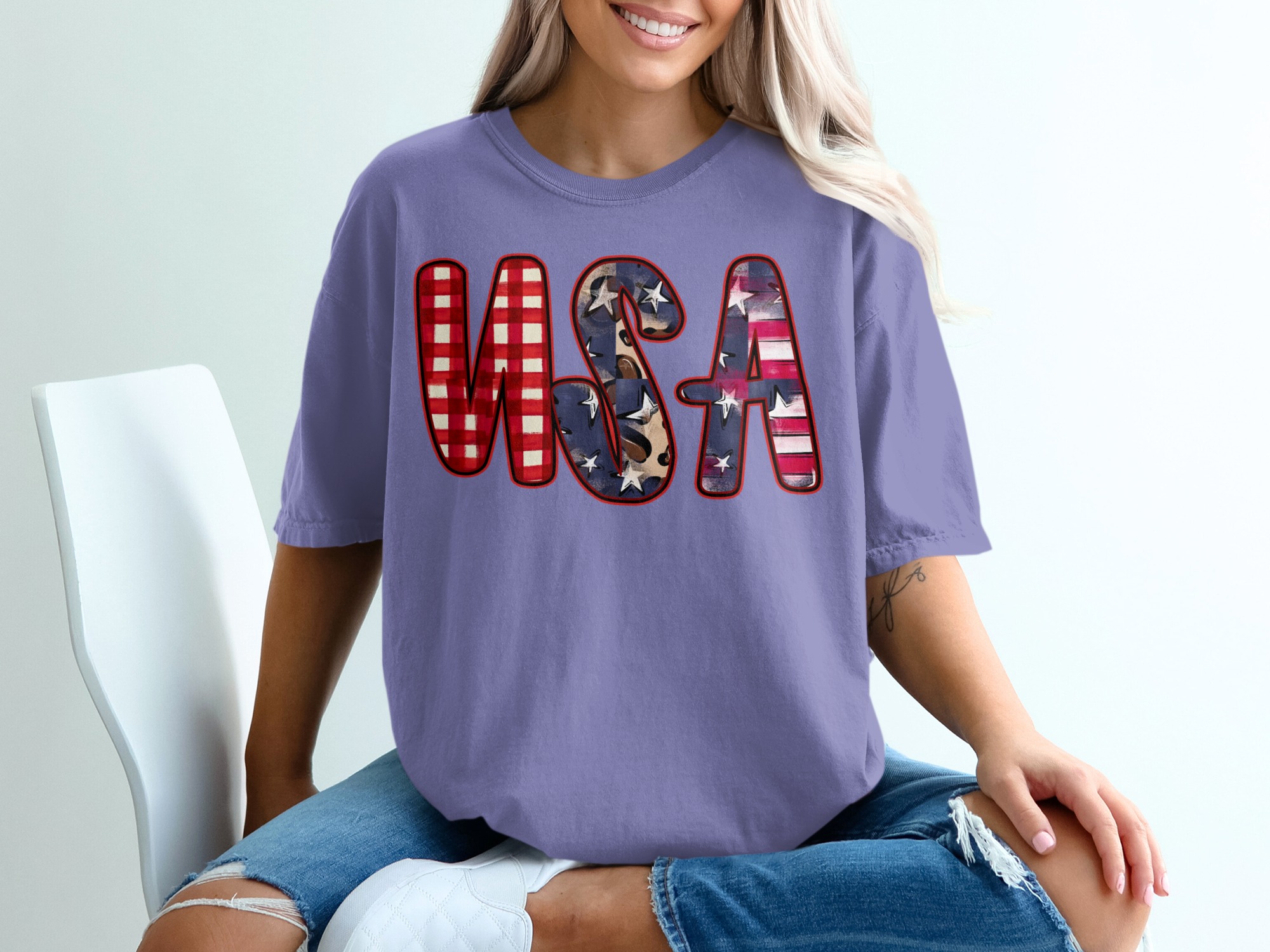 USA T-Shirt, Patriotic 4th of July Shirt, Distressed Buffalo Plaid Leopard Print America Tee, Memorial Day Gift for Her - Image 13