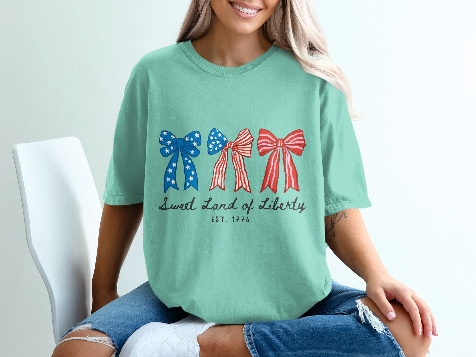 Patriotic Bows T-Shirt, Sweet Land of Liberty Shirt, 4th of July Tee, Distressed Americana Shirt, Vintage Style USA Top, Independence Day - Image 10
