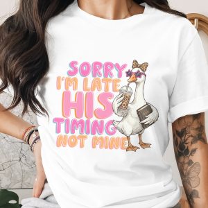 His Timing Not Mine T-Shirt, Funny Christian Goose Tee, Jesus Faith Coffee Lover Shirt, Christian Humor Gift for Her, Trendy Bible Saying