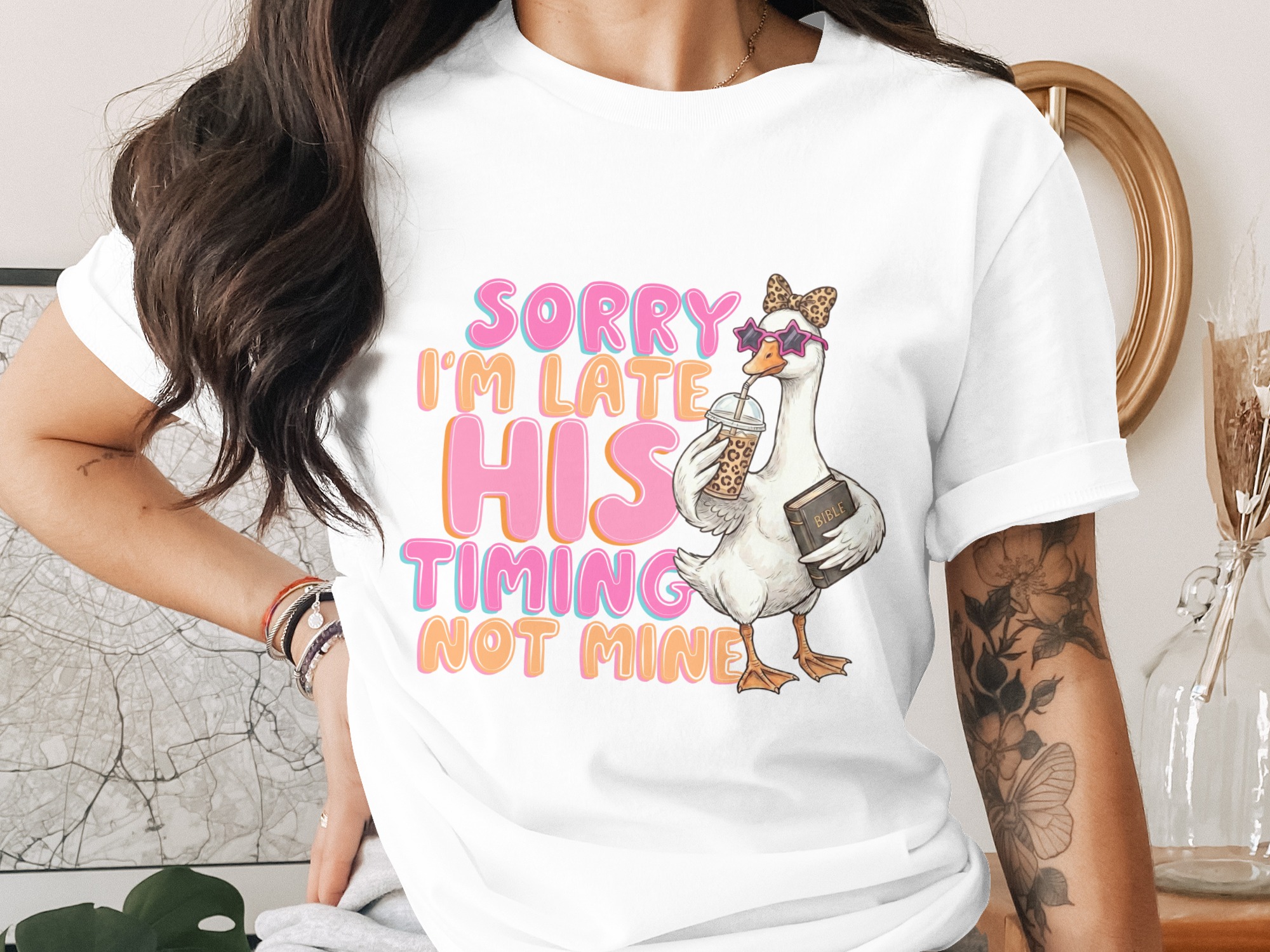 His Timing Not Mine T-Shirt, Funny Christian Goose Tee, Jesus Faith Coffee Lover Shirt, Christian Humor Gift for Her, Trendy Bible Saying