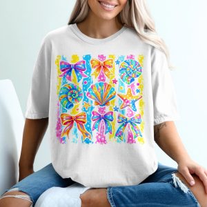 Y2K Aesthetic Comfort Colors® T-Shirt, Lisa Frank Style Bows, Rainbow Seashells, Starfish, Faux Glitter Print, Vibrant Kidcore Summer Tee