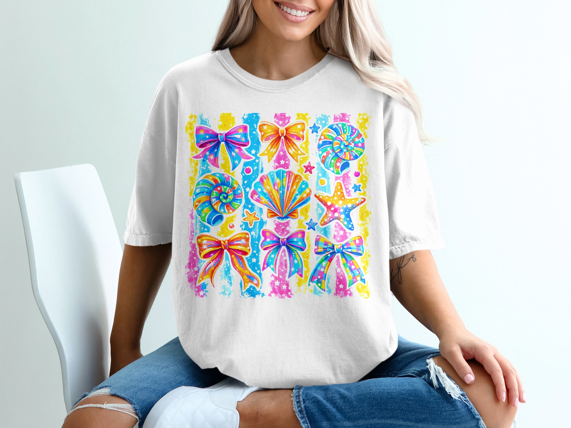 Y2K Aesthetic Comfort Colors® T-Shirt, Lisa Frank Style Bows, Rainbow Seashells, Starfish, Faux Glitter Print, Vibrant Kidcore Summer Tee
