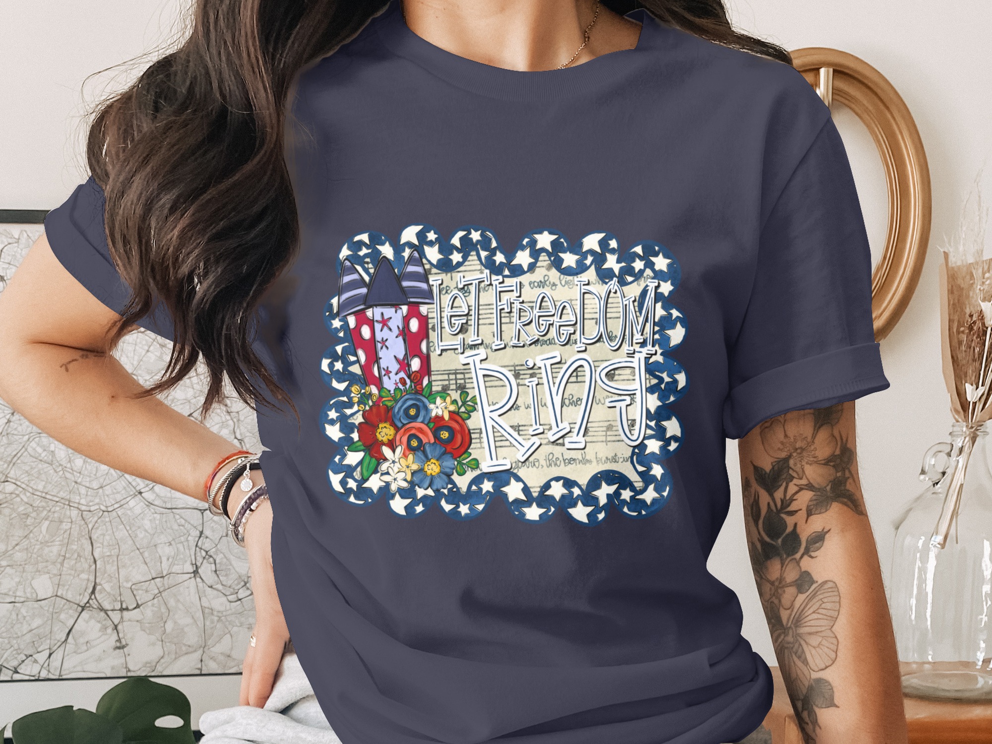 Let Freedom Ring T-Shirt, Patriotic 4th of July Shirt, Americana Tee with Flowers & Fireworks, Vintage Summer Top for Freedom Lovers - Image 3