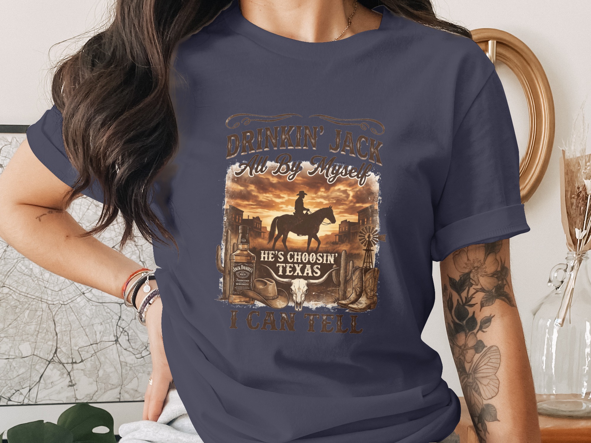 Western Cowboy Texas T-Shirt | Rustic Country Style Graphic Tee for Men & Women | Whiskey Bottle & Bull Skull Design - Image 3