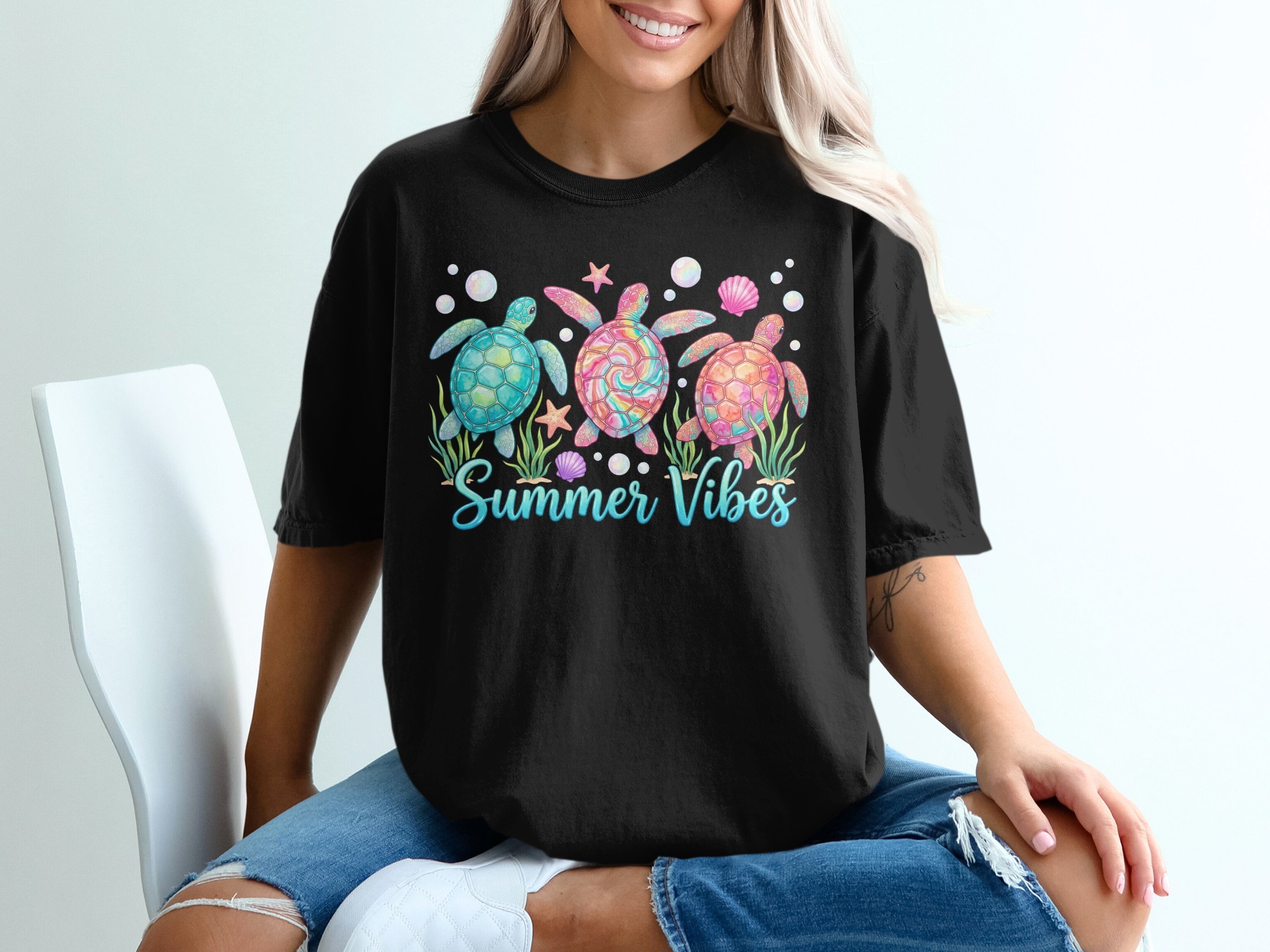 Summer Vibes T-Shirt, Comfort Colors® Sea Turtle Ocean Tee, Coastal Beach Vacation Shirt, Aesthetic Marine Life Gift for Her - Image 2