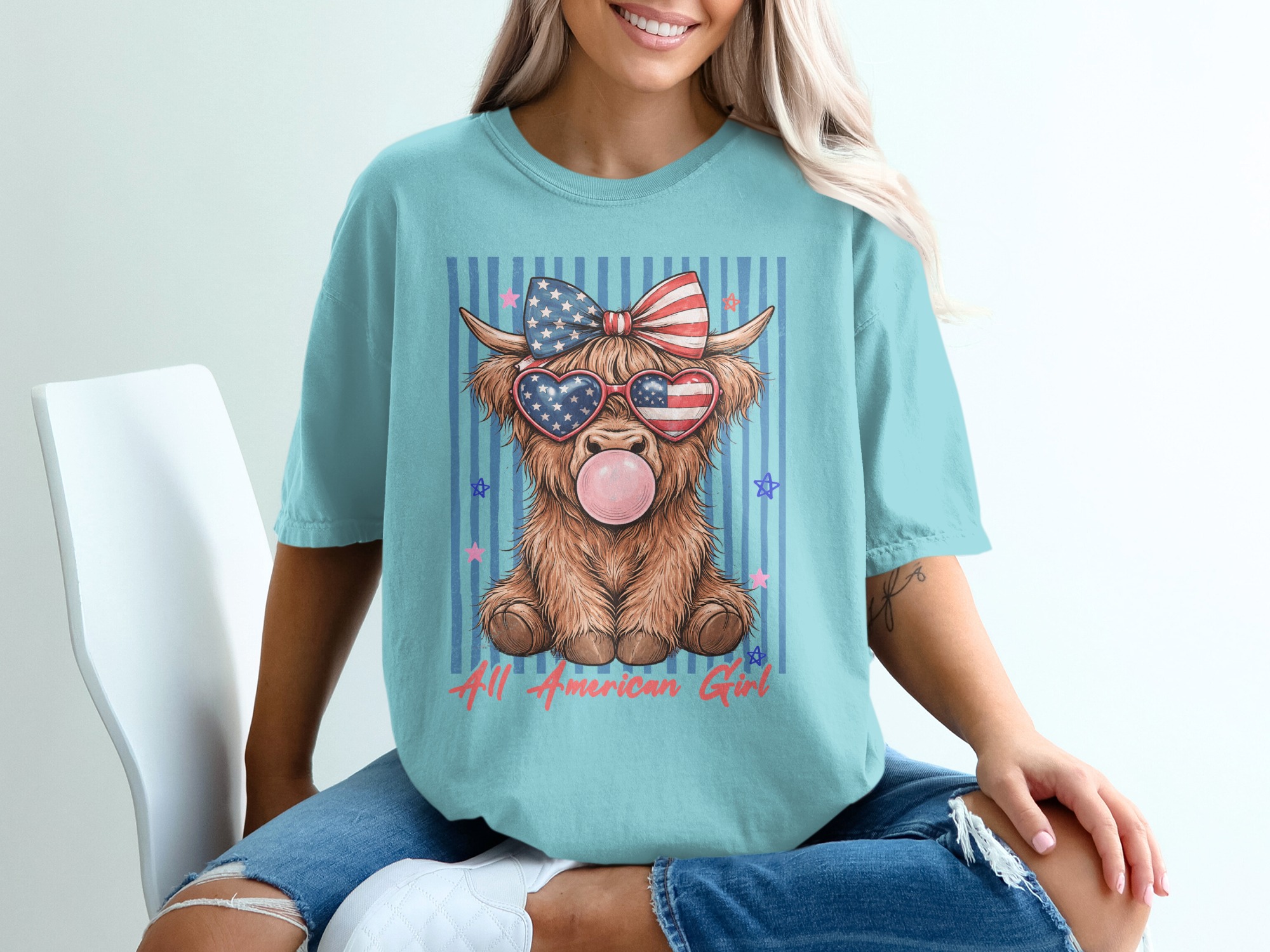 Comfort Colors® Highland Cow T-Shirt, All American Girl Patriotic Summer Tee, Cute 4th of July Western Cowgirl Gift for Her. - Image 19