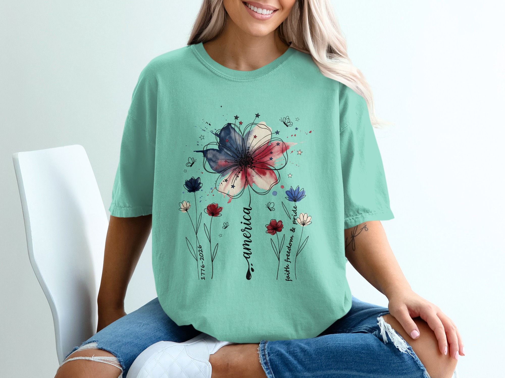 Patriotic Floral America Watercolor T-Shirt | Faith Freedom Pride Shirt | 4th of July Independence Day Tee | American Flag Flower - Image 10