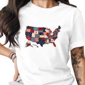 Patriotic USA Map T-Shirt, Americana Quilt Print Tee, Distressed American Flag Shirt, 4th of July Outfit, Veteran Gift Idea