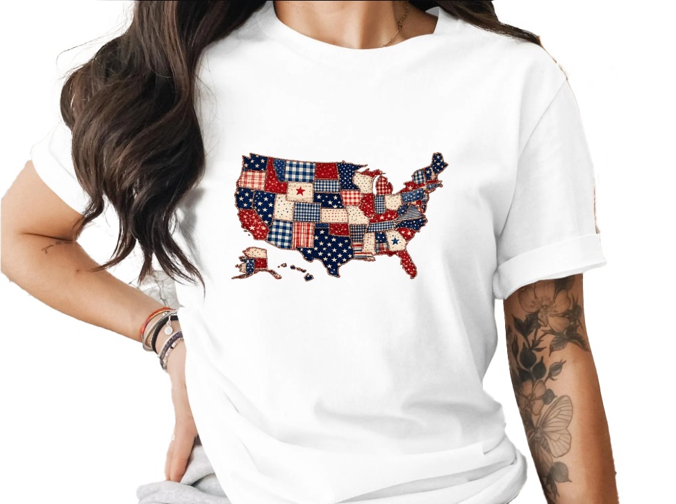 Patriotic USA Map T-Shirt, Americana Quilt Print Tee, Distressed American Flag Shirt, 4th of July Outfit, Veteran Gift Idea