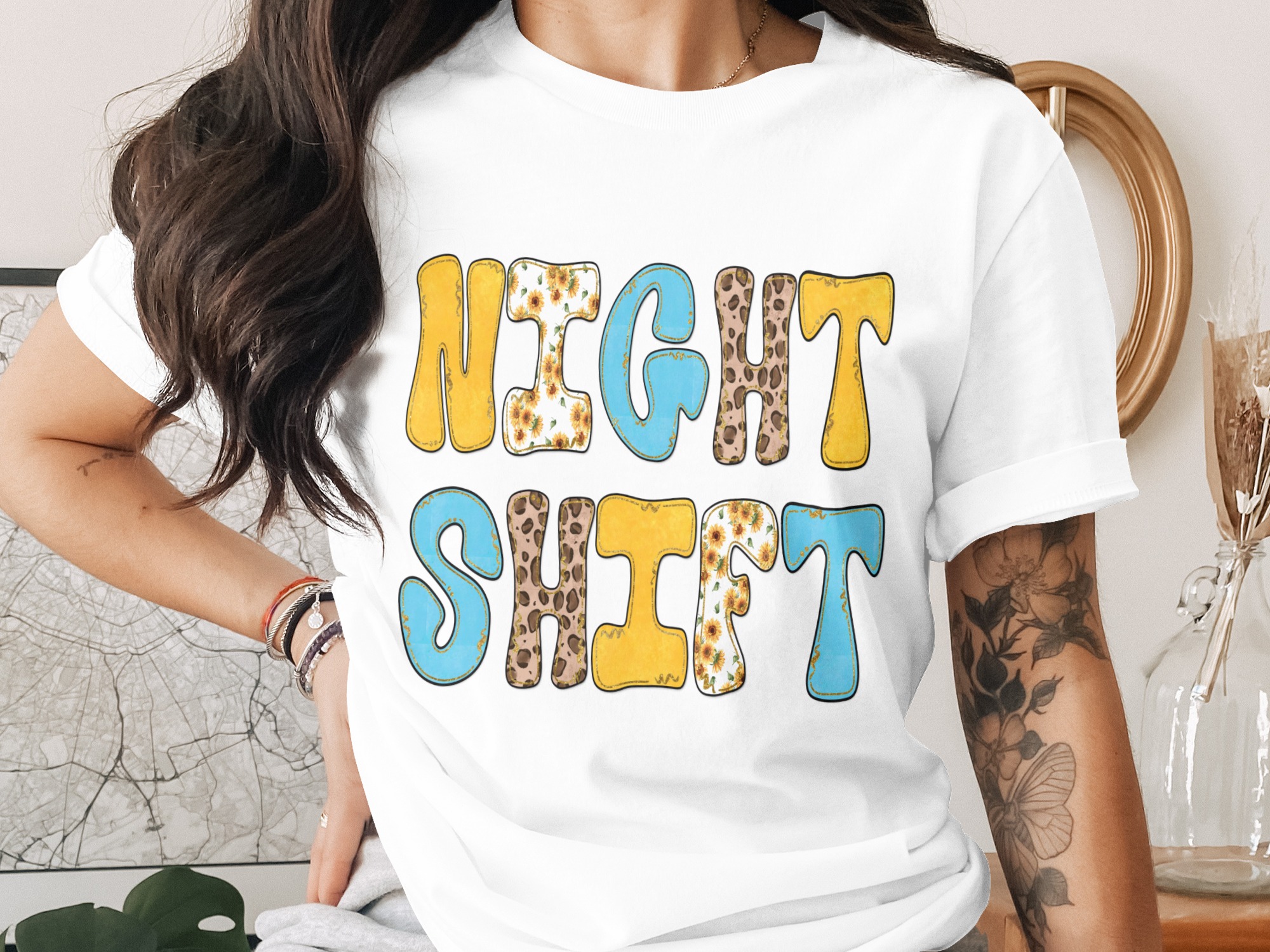Night Shift PNG Digital Download File, Nurse Sublimation Design, Sunflower Leopard Print Healthcare Worker Graphic, Overnight Crew Gift Idea