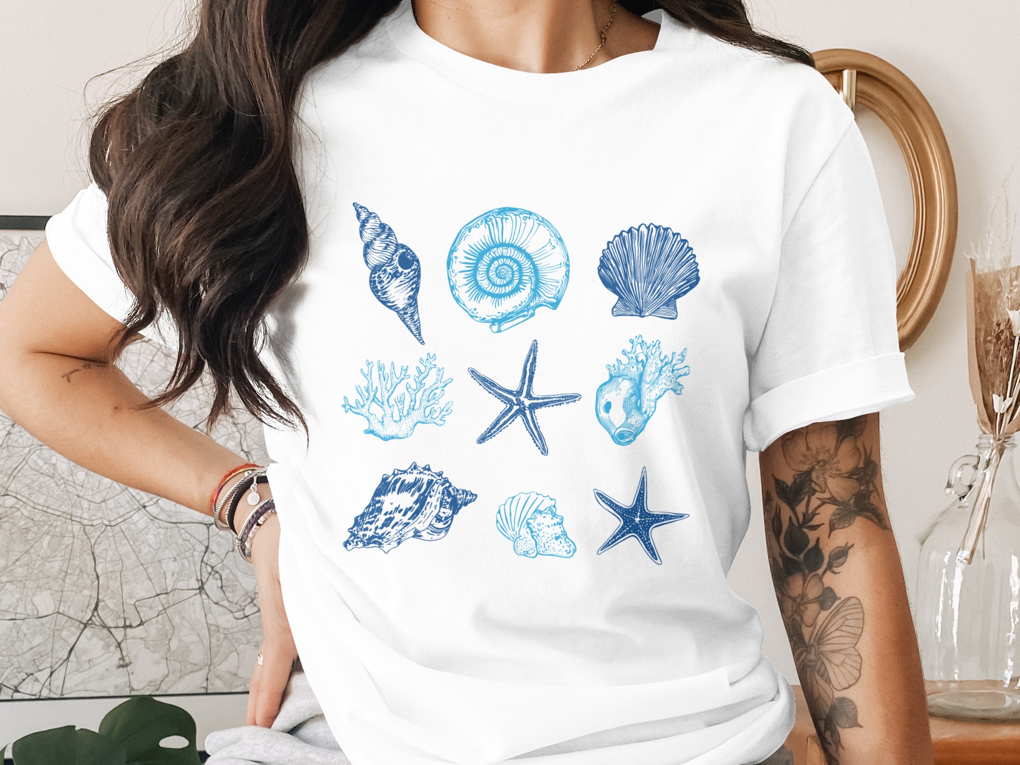Ocean Seashell Starfish T-Shirt, Coastal Beach Lover Graphic Tee, Summer Vacation Nautical Apparel, Nature Inspired Marine Life Shirt