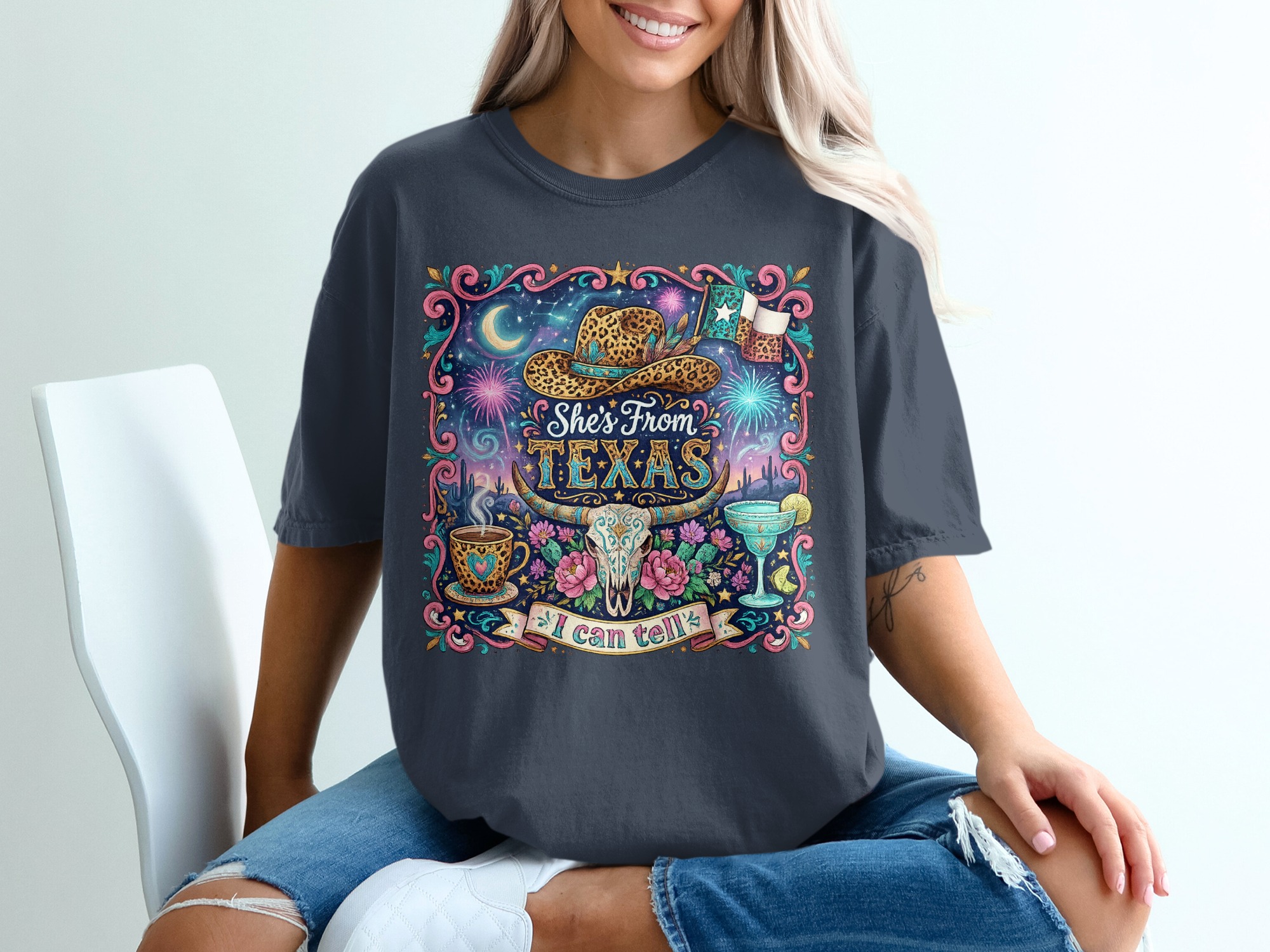 She's From Texas T-Shirt, Western Boho Cowgirl Tee, Texas Pride Gift for Her, Leopard Print Cowboy Hat Longhorn Skull Desert Shirt - Image 12