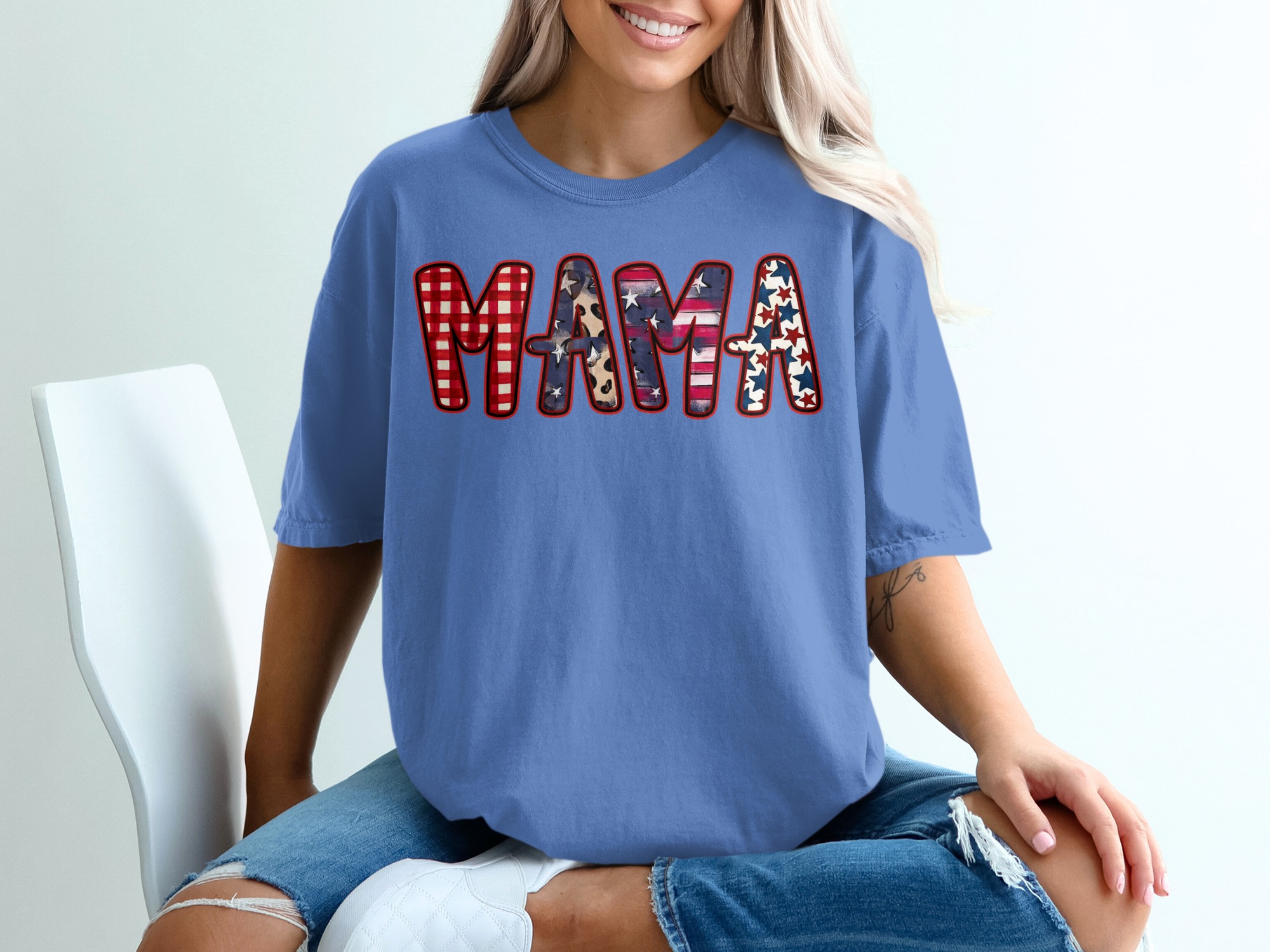 Patriotic Mama T-Shirt, Western Mama Shirt with Leopard Print, Buffalo Plaid Mama Gift, American Flag Star Mom Tee for Mother's Day - Image 20