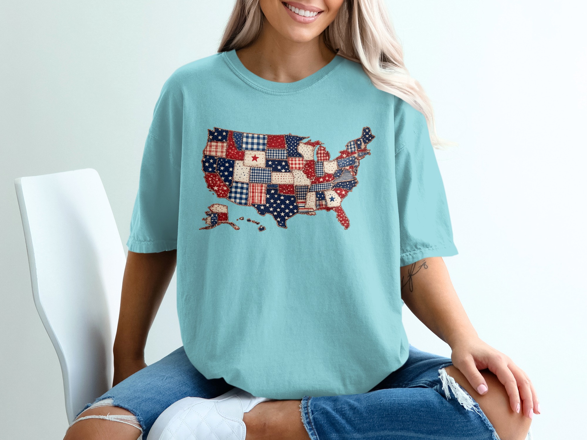 Patriotic USA Map T-Shirt, Americana Quilt Print Tee, Distressed American Flag Shirt, 4th of July Outfit, Veteran Gift Idea - Image 19