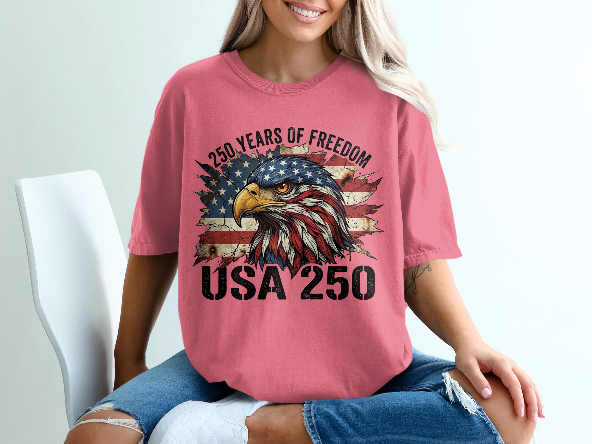 Patriotic American Eagle T-Shirt, USA 250 Years of Freedom Flag Tee, Distressed Heritage Commemorative Independence Day Shirt - Image 16