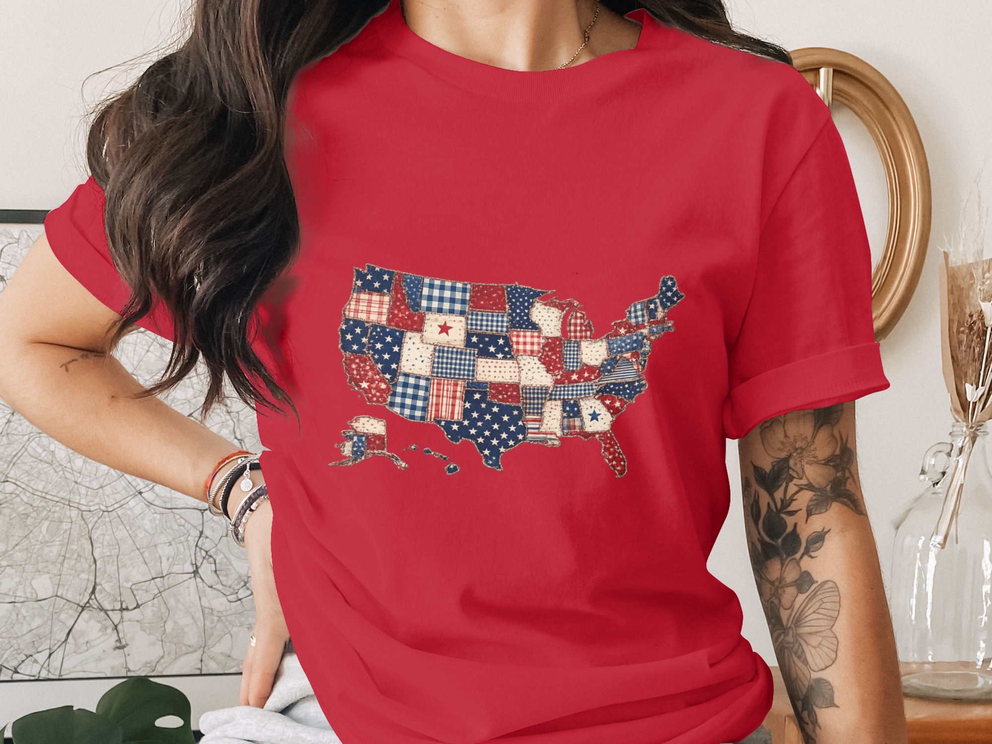Patriotic USA Map T-Shirt, Americana Quilt Print Tee, Distressed American Flag Shirt, 4th of July Outfit, Veteran Gift Idea - Image 4