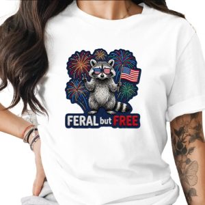 Feral But Free Raccoon T-Shirt, Patriotic American Flag Tee, Funny 4th of July Independence Day Shirt Gift