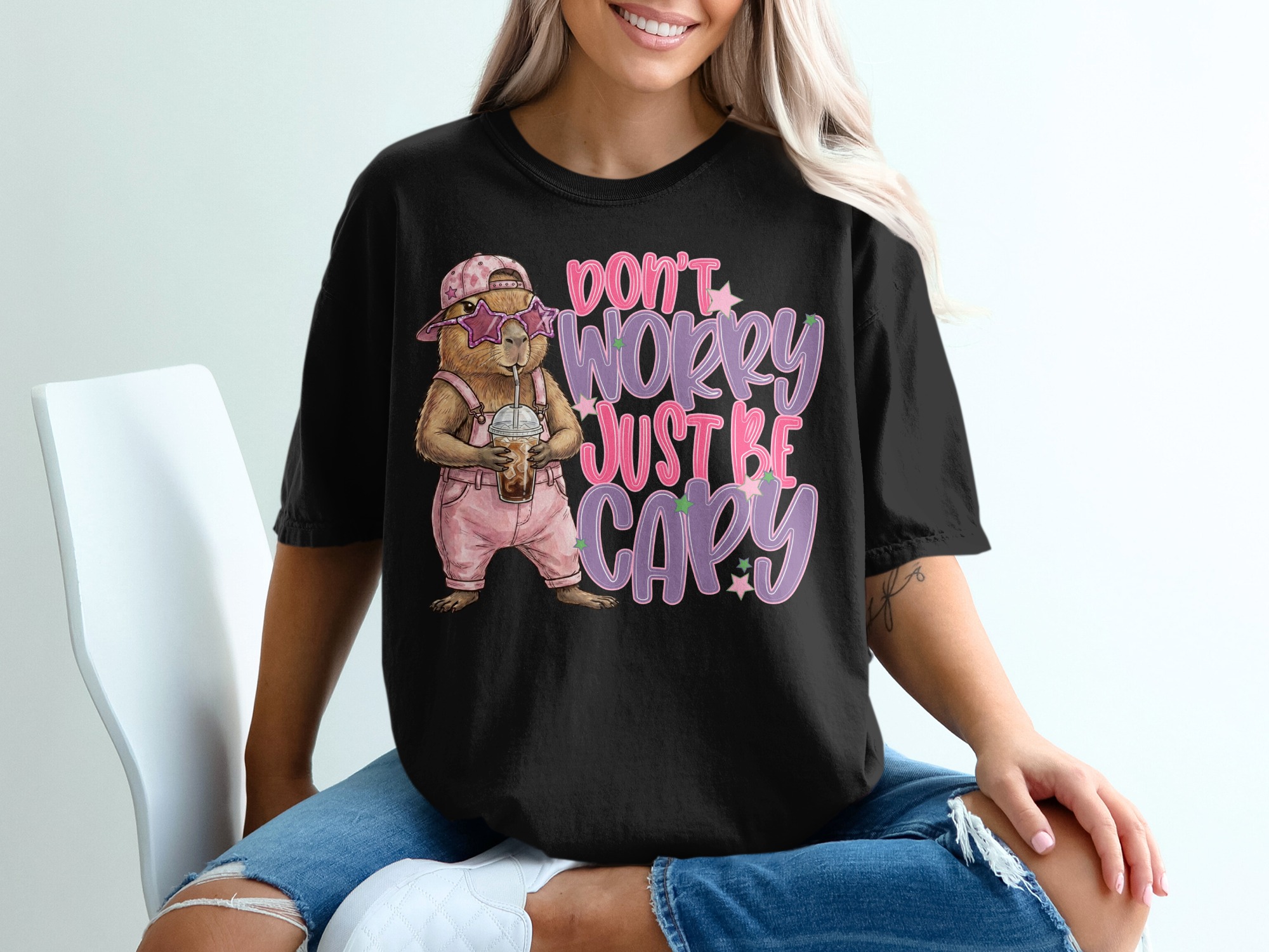 Don't Worry Just Be Capy T-Shirt, Cute Capybara Shirt, Chill Animal Tee, Iced Coffee Lover Gift, Trendy Positive Vibe Apparel - Image 8