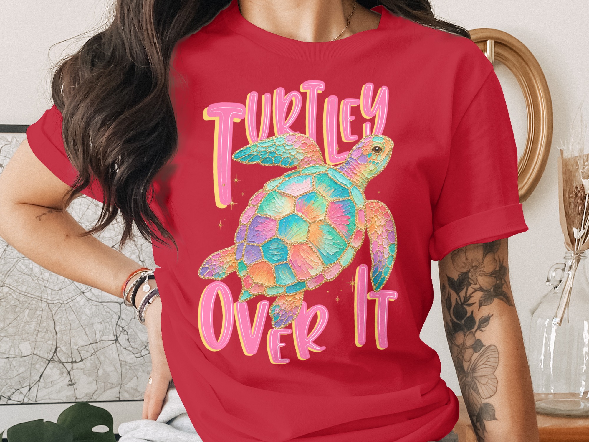 Turtley Over It T-Shirt, Faux Glitter Sea Turtle Tee, Sarcastic Beach Shirt, Colorful Ocean Lover Gift, Summer Vacation Top - Image 4