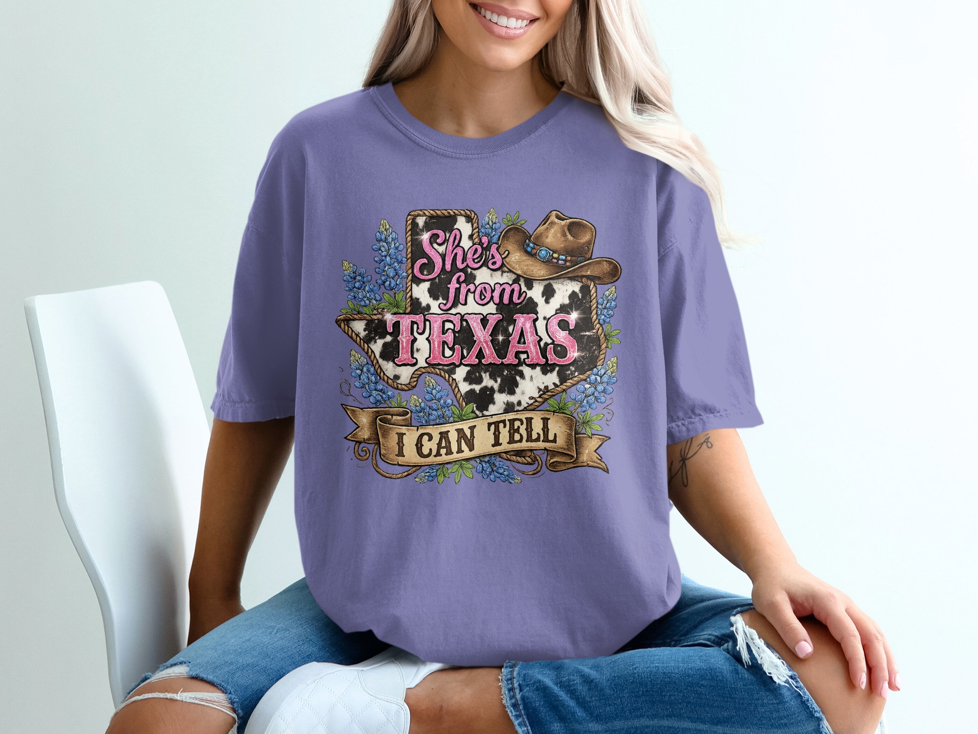 She's from Texas T-Shirt, Cow Print Bluebonnet Texas Tee, Western Country Style Southern Pride Gift for Her - Image 13